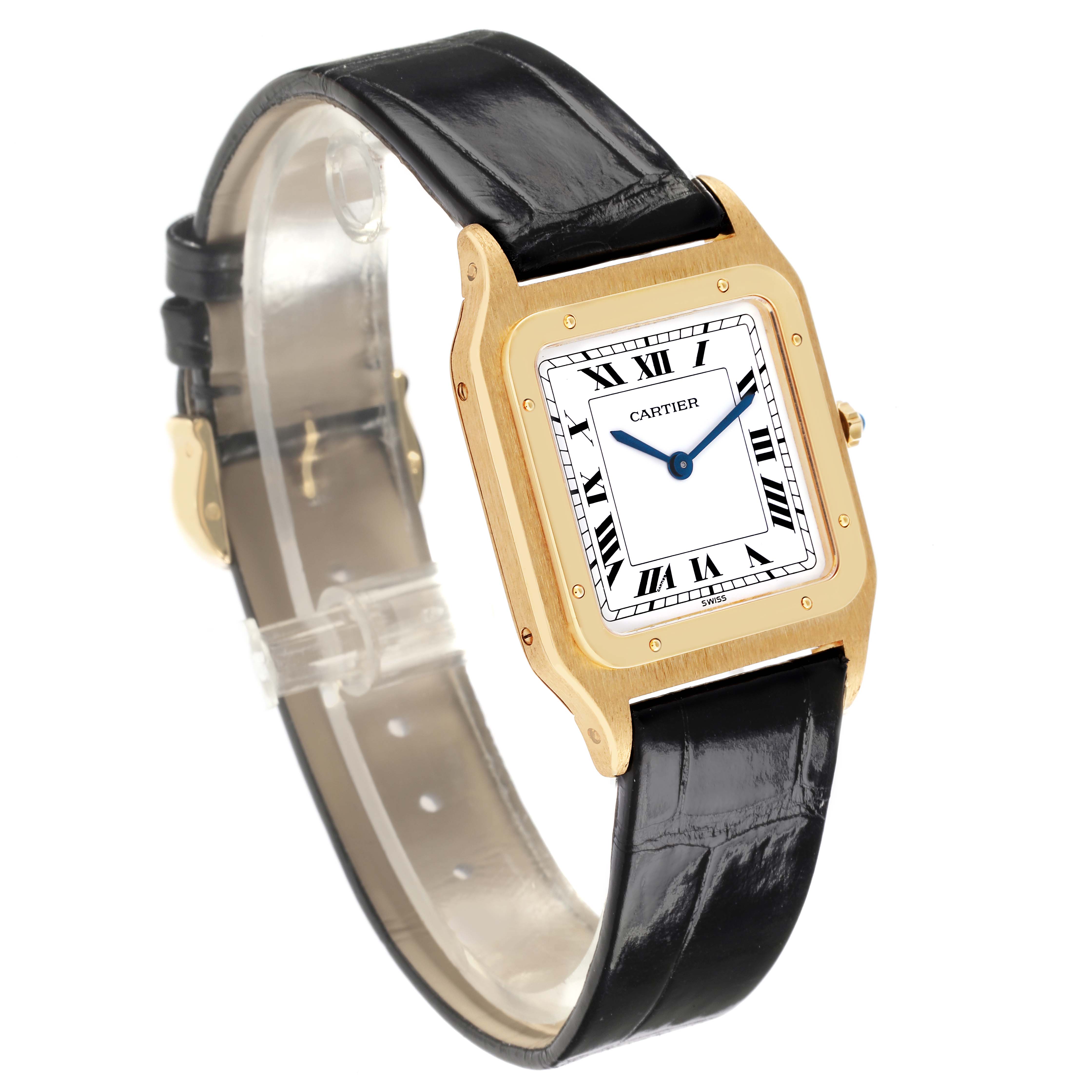 The Cartier Santos Dumont 15751 Men's Yellow Gold White Dial 15751 Men's Yellow Gold White Dial watch is shown at a three-quarter angle, featuring the face, case, strap, and crown.