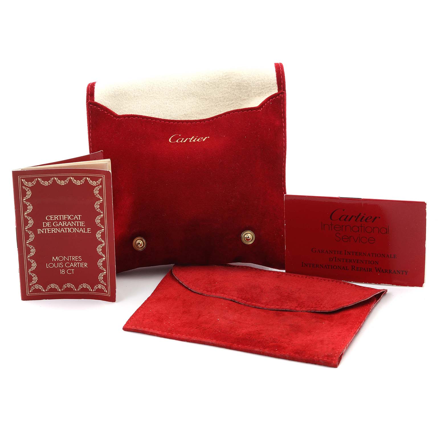 The image shows Cartier's Santos Dumont watch accessories including a red case, warranty booklet, and service card.