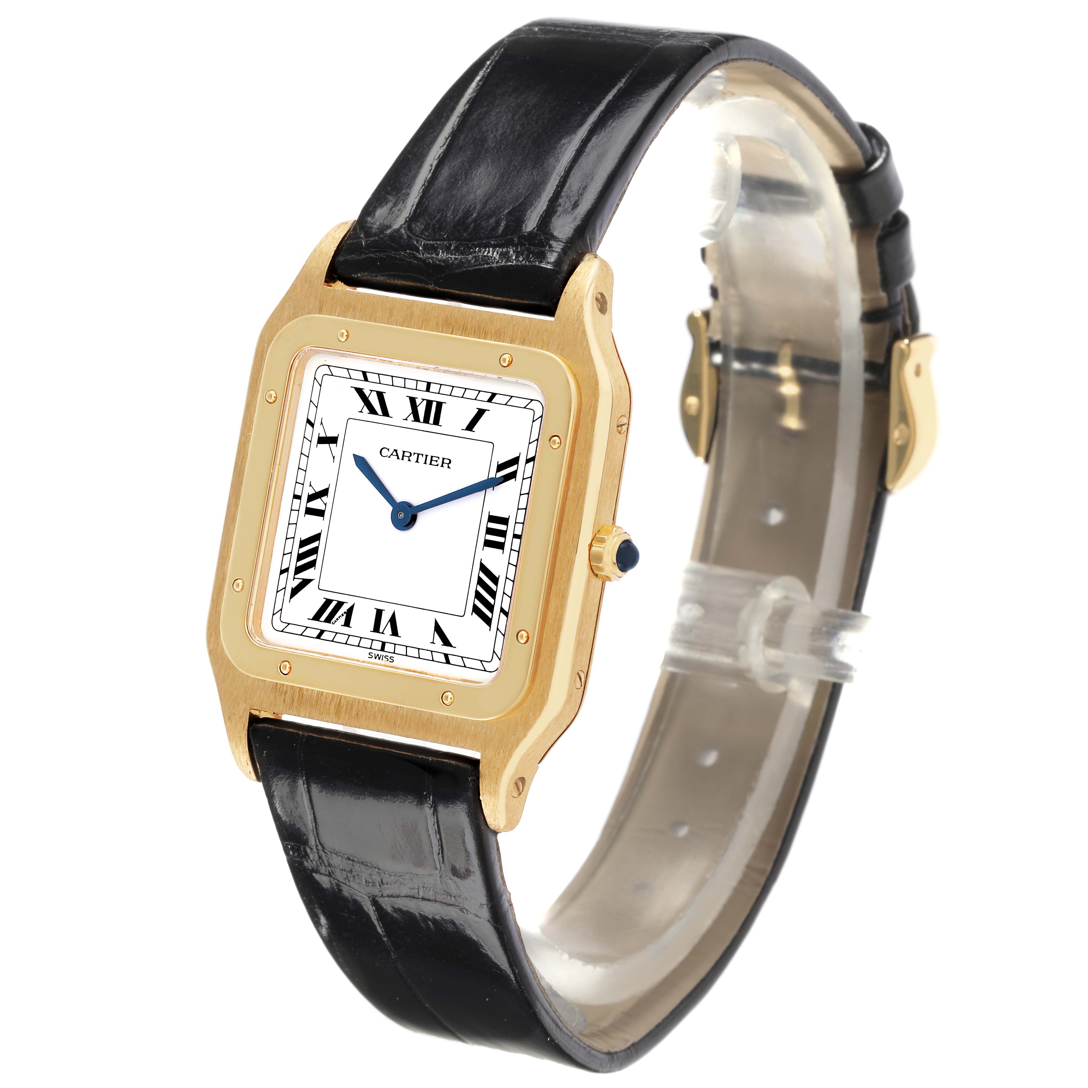 The Cartier Santos Dumont 15751 Men's Yellow Gold White Dial 15751 Men's Yellow Gold White Dial watch is shown at a three-quarter angle, displaying the face, bezel, strap, and crown.