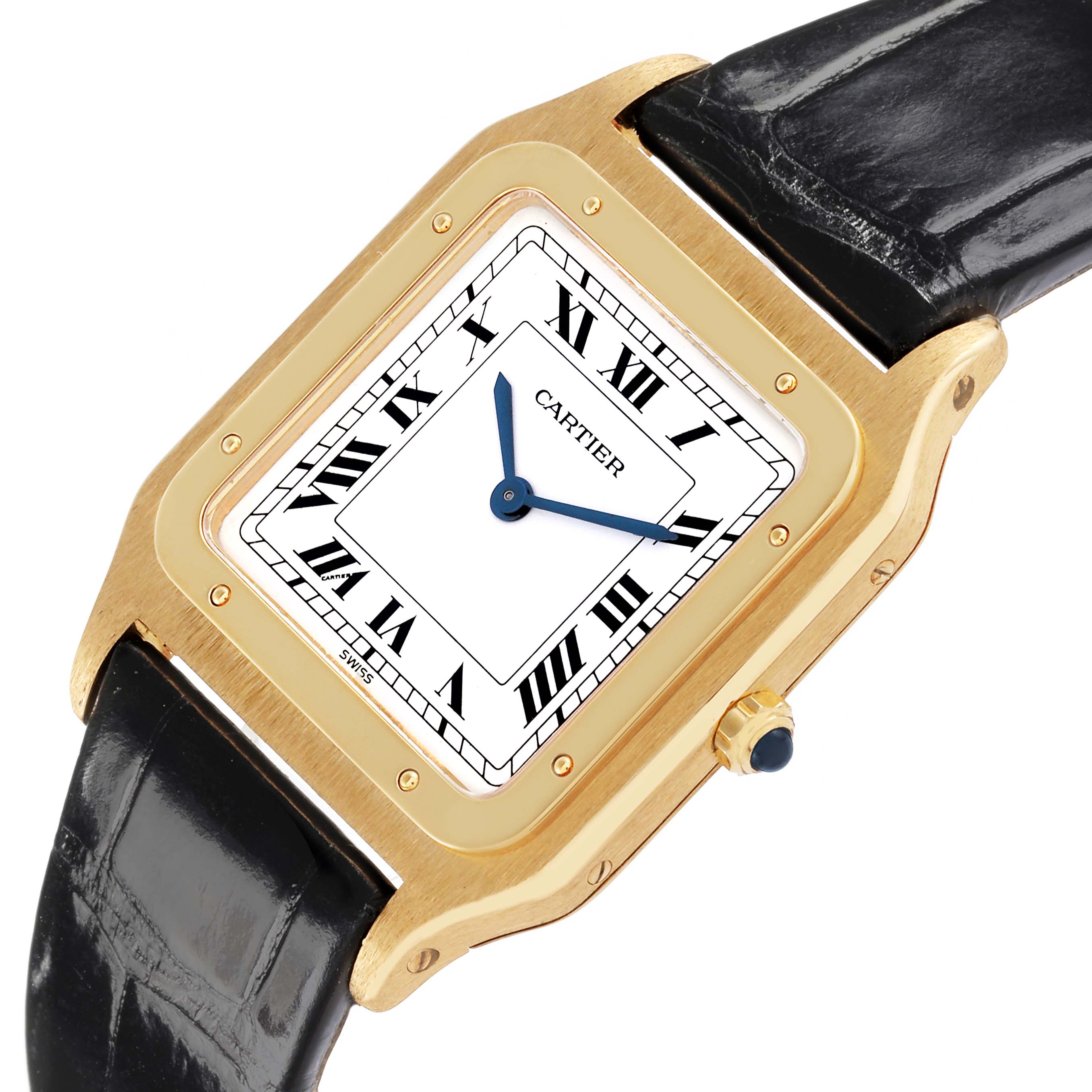 The Cartier Santos Dumont 15751 Men's Yellow Gold White Dial 15751 Men's Yellow Gold White Dial watch is shown from an angle highlighting the face, hands, bezel, crown, and strap.