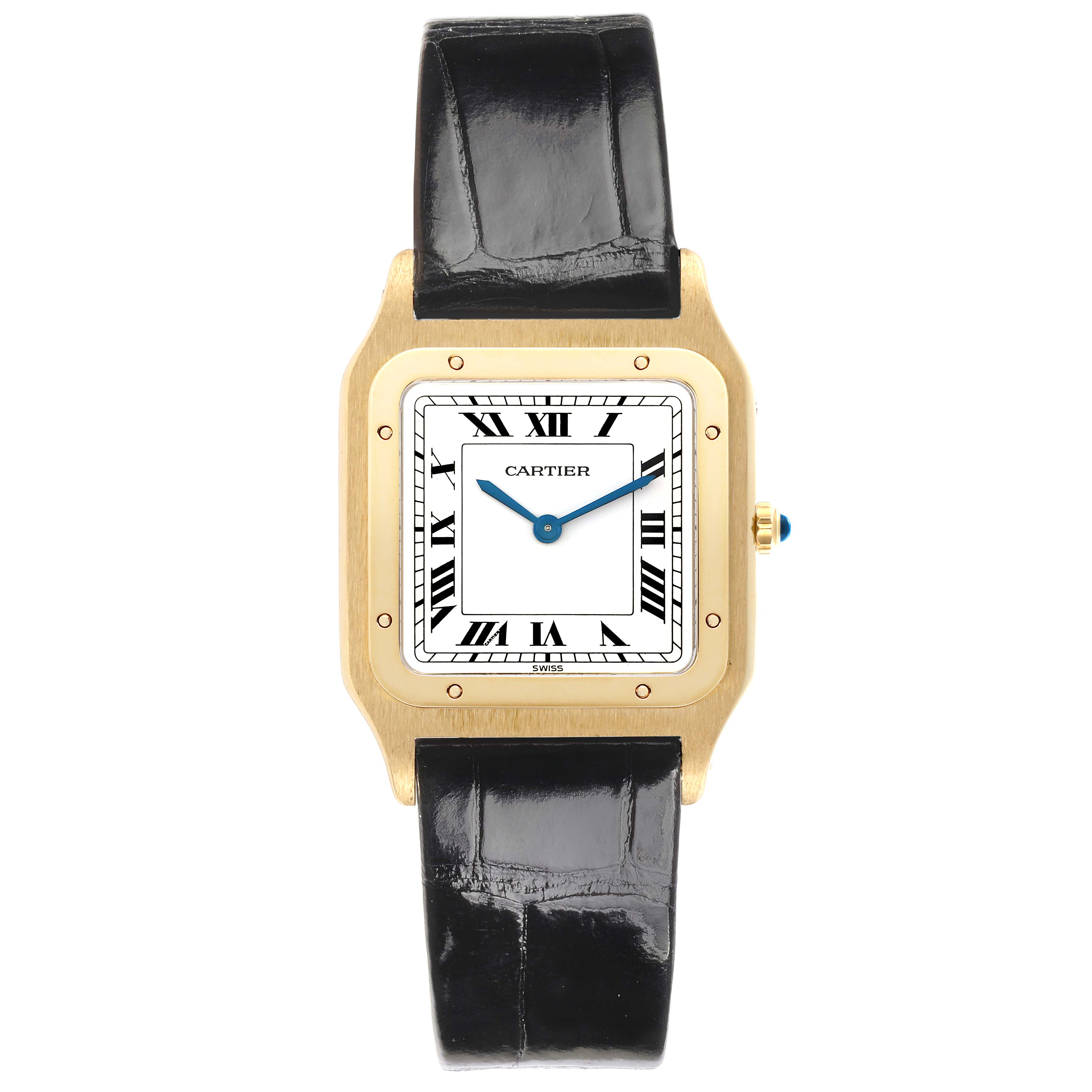 The Cartier Santos Dumont 15751 Men's Yellow Gold White Dial 15751 Men's Yellow Gold White Dial watch is shown from a front angle, displaying the face, case, and black leather strap.