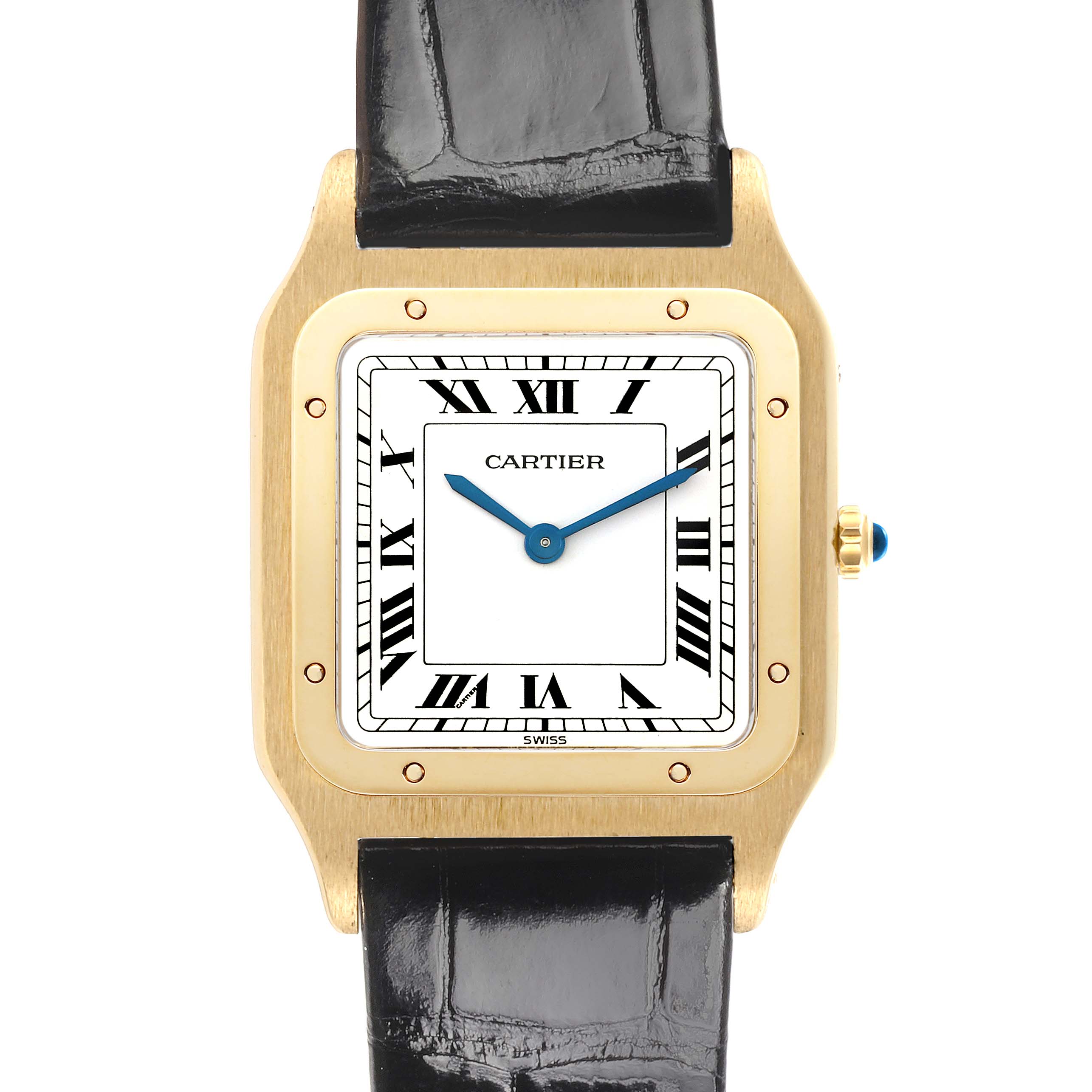The Cartier Santos Dumont 15751 Men's Yellow Gold White Dial 15751 Men's Yellow Gold White Dial watch is shown from the front, highlighting its square gold case, Roman numeral dial, and black leather strap.