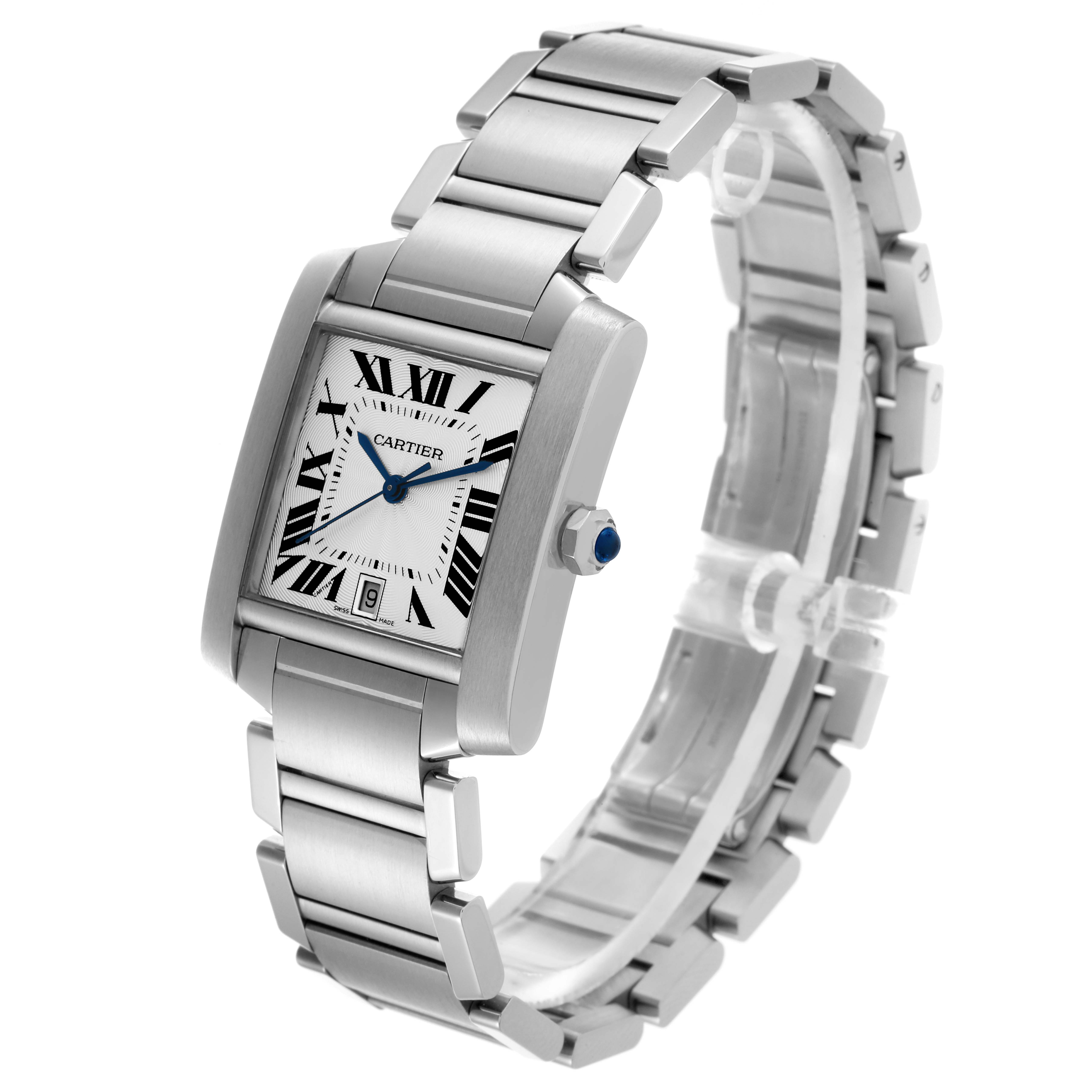 The Cartier Tank Française watch is shown at an angled view, highlighting its face, bracelet, and crown.