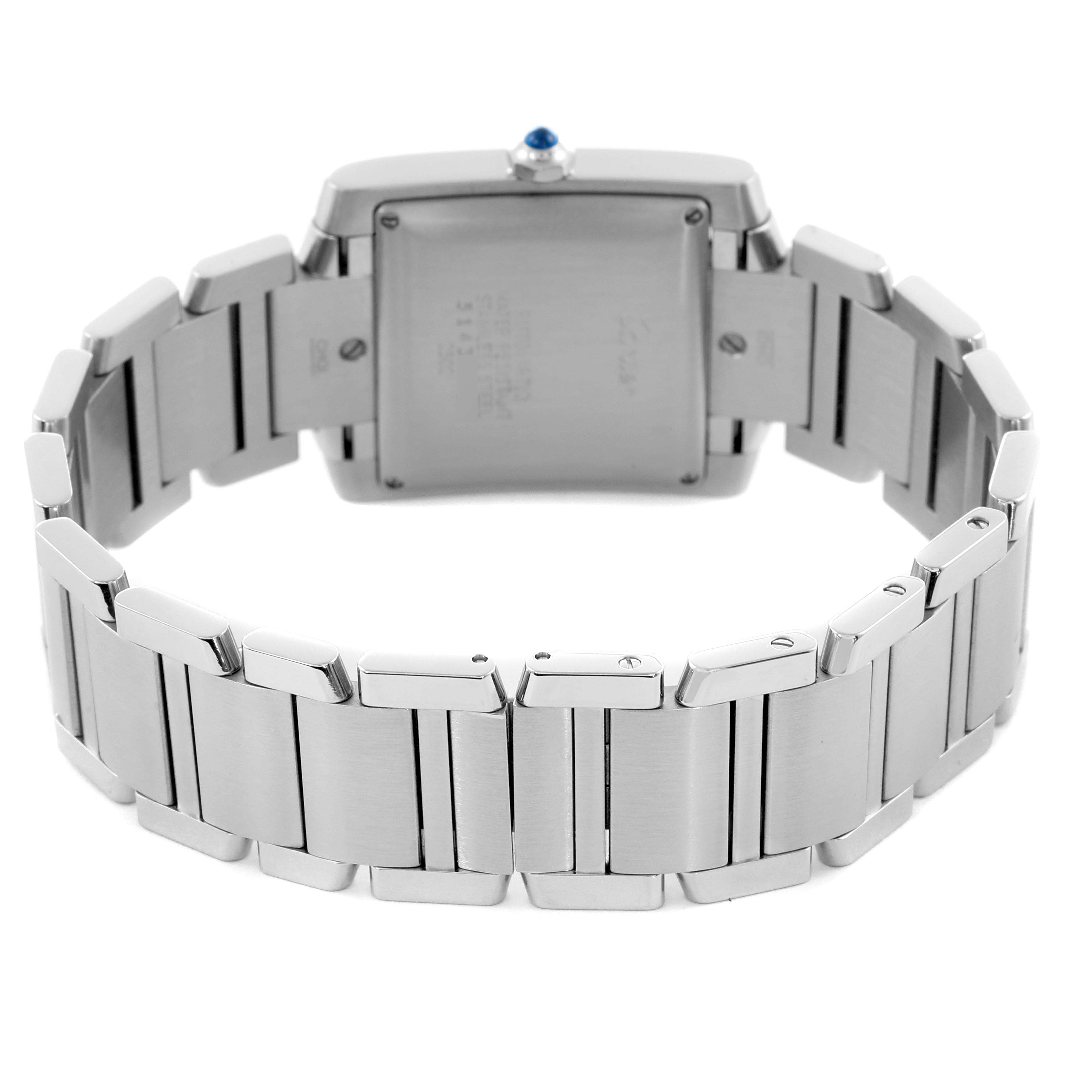 The image shows the back view and bracelet of the Cartier Tank Francaise W51002Q3 Men
s Stainless Steel Silver Dial W51002Q3 Men
s Stainless Steel Silver Dial watch.