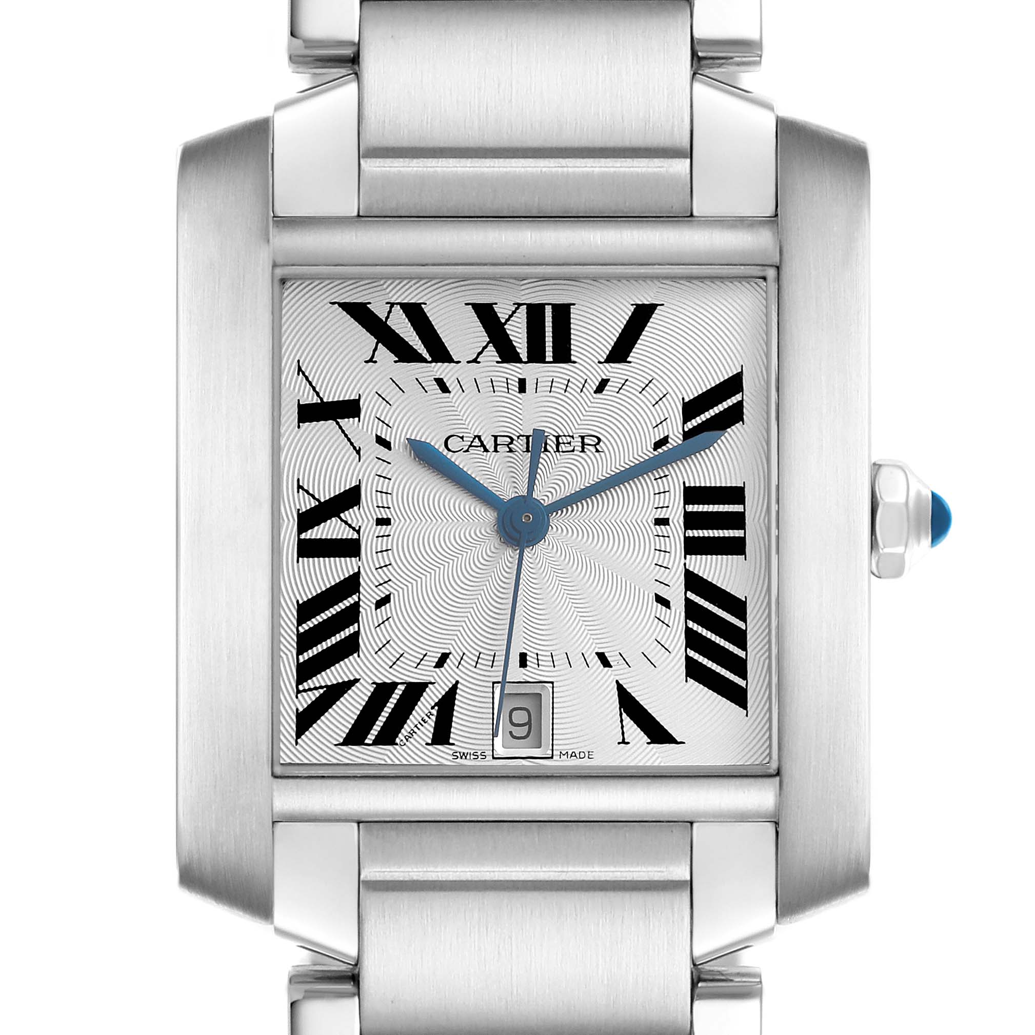 The Cartier Tank Francaise W51002Q3 Men
s Stainless Steel Silver Dial W51002Q3 Men
s Stainless Steel Silver Dial watch is shown from a front angle, highlighting its face, Roman numerals, and date window.