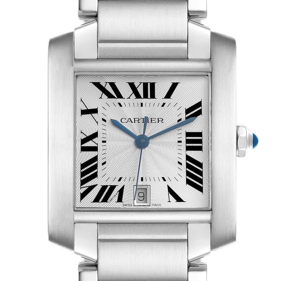 The Cartier Tank Francaise watch is shown from a front angle, highlighting its face, Roman numerals, and date window.