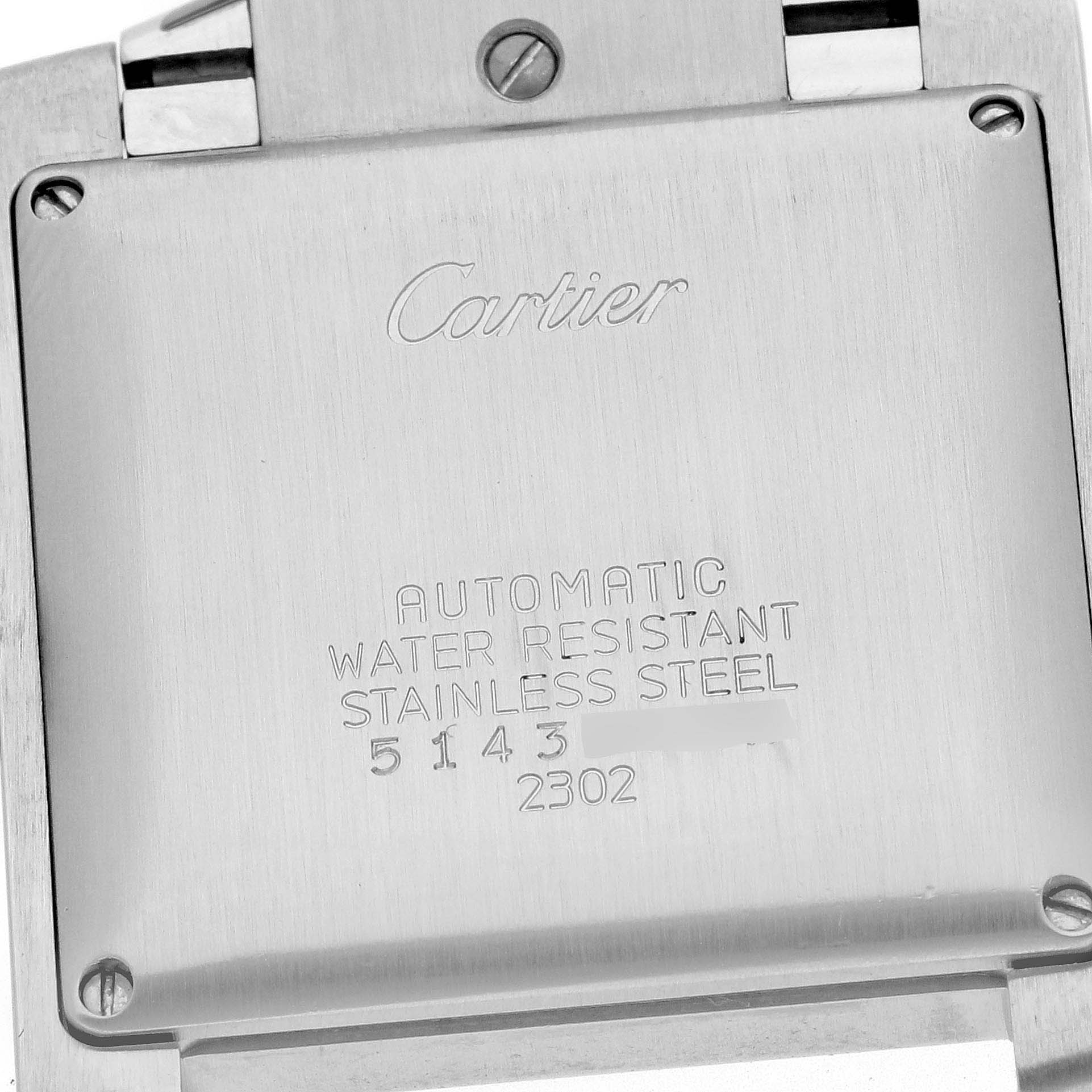 The Cartier Tank Francaise W51002Q3 Men
s Stainless Steel Silver Dial W51002Q3 Men
s Stainless Steel Silver Dial watch is shown from the back, highlighting the engraved case with watch specifications.
