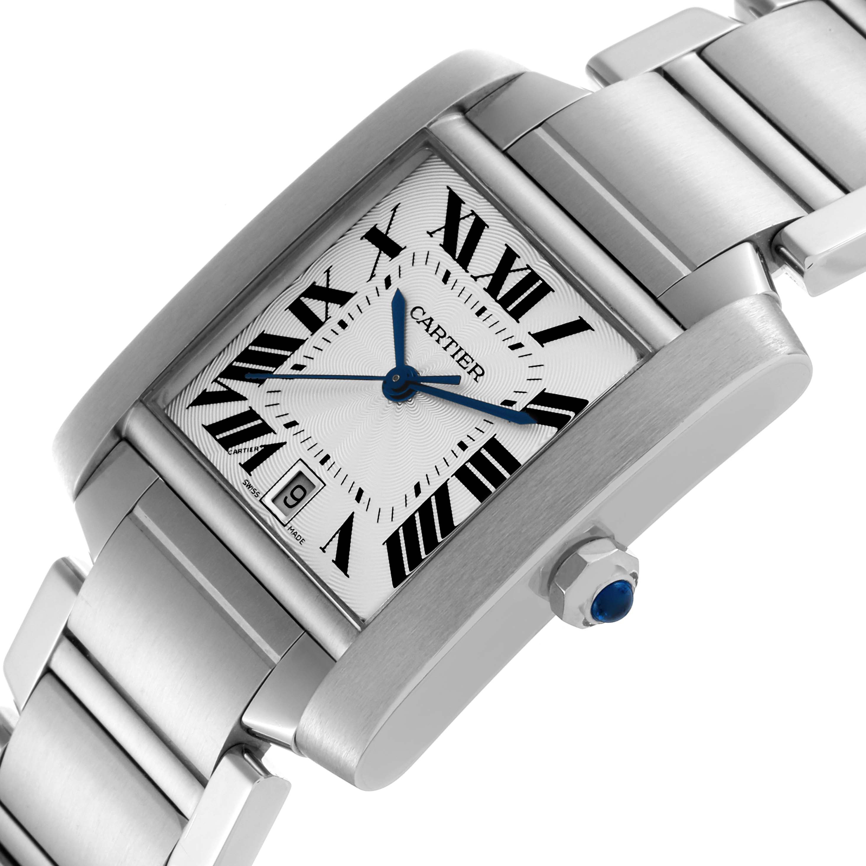The image shows a Cartier Tank Française watch angled to highlight the face, side, and a portion of the bracelet.