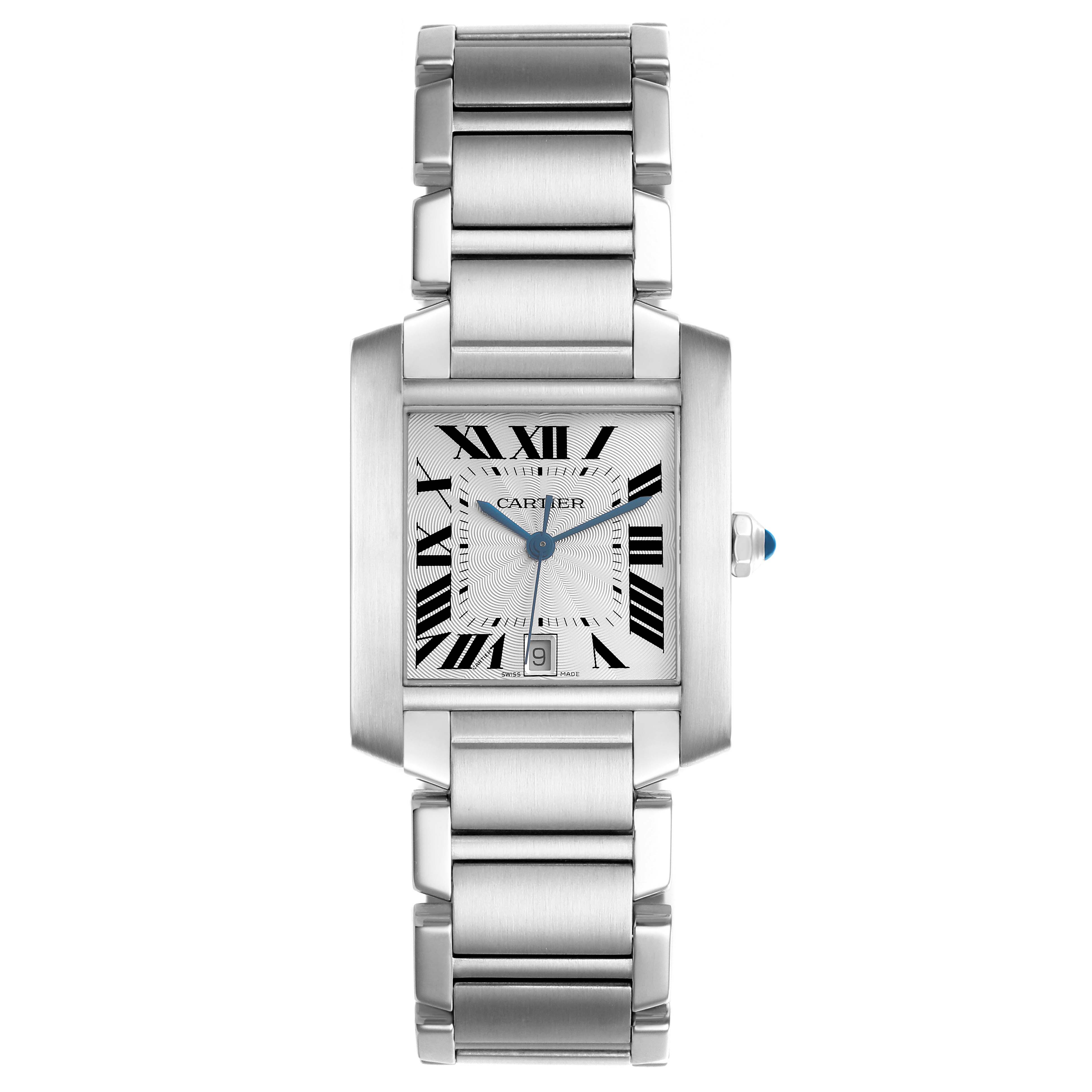 The Cartier Tank Française watch is shown from a front angle, highlighting its dial, bracelet, and crown.