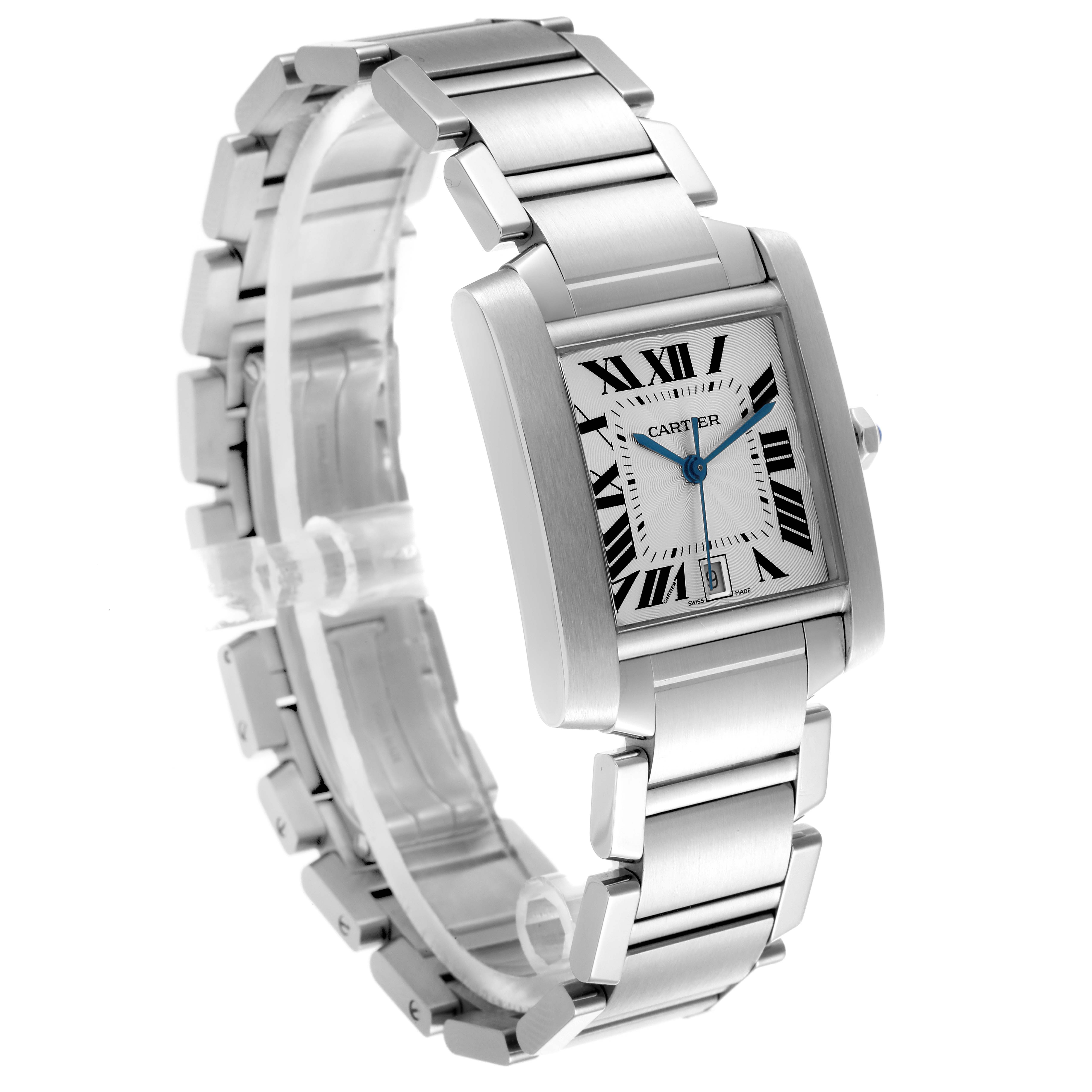 The Cartier Tank Française watch is shown at a three-quarter angle, highlighting its face, Roman numerals, and steel bracelet.
