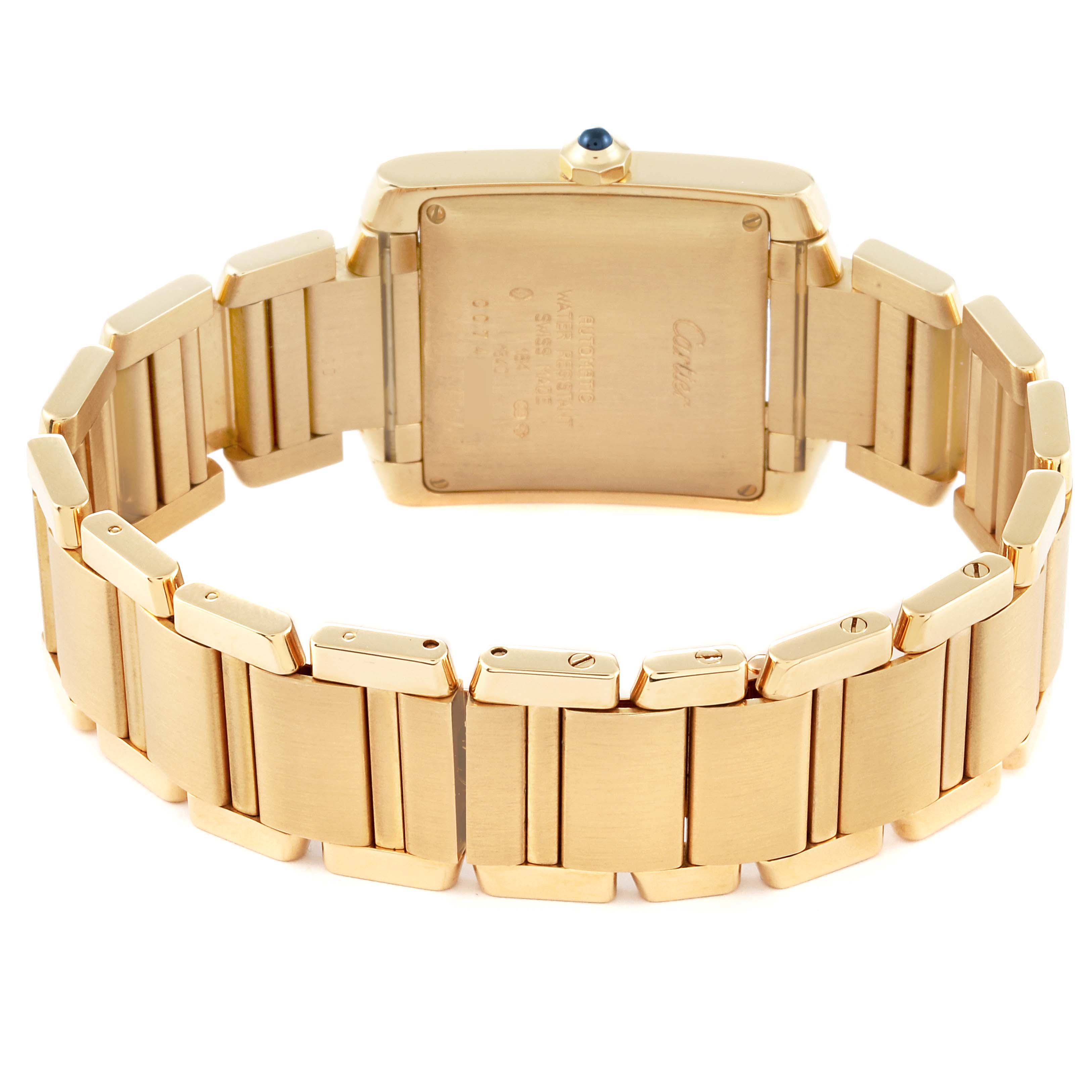 This image shows the back and bracelet of the Cartier Tank Francaise W50001R2 Men
s Yellow Gold Silver Dial W50001R2 Men
s Yellow Gold Silver Dial watch in a gold finish.