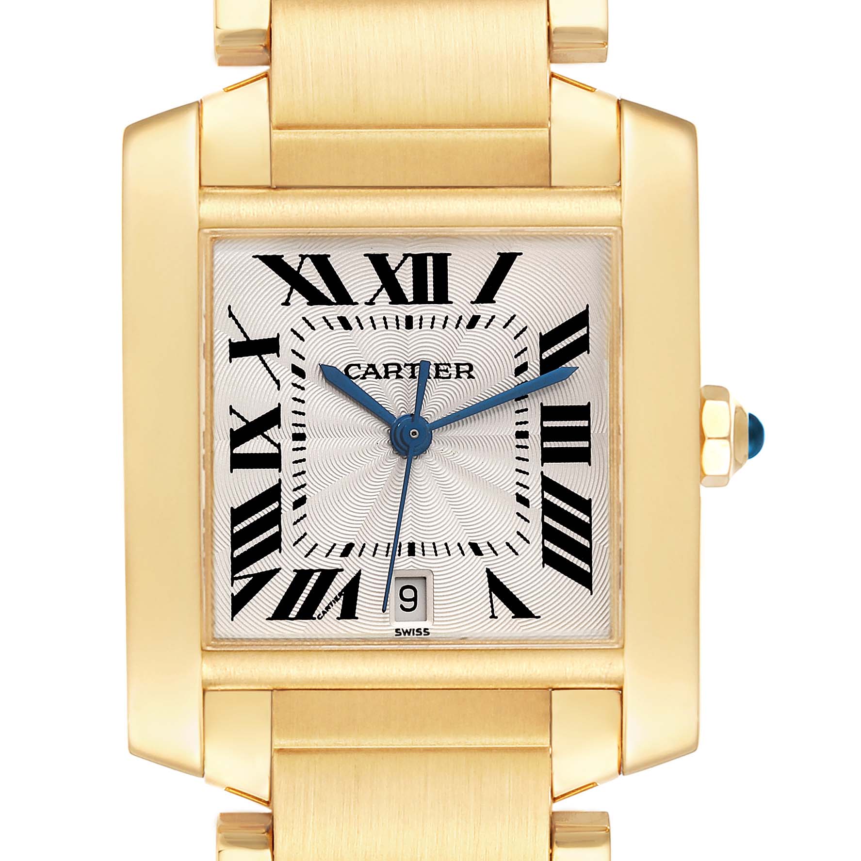 Front view of the Cartier Tank Française watch showing the dial, Roman numerals, hands, and crown with blue cabochon.