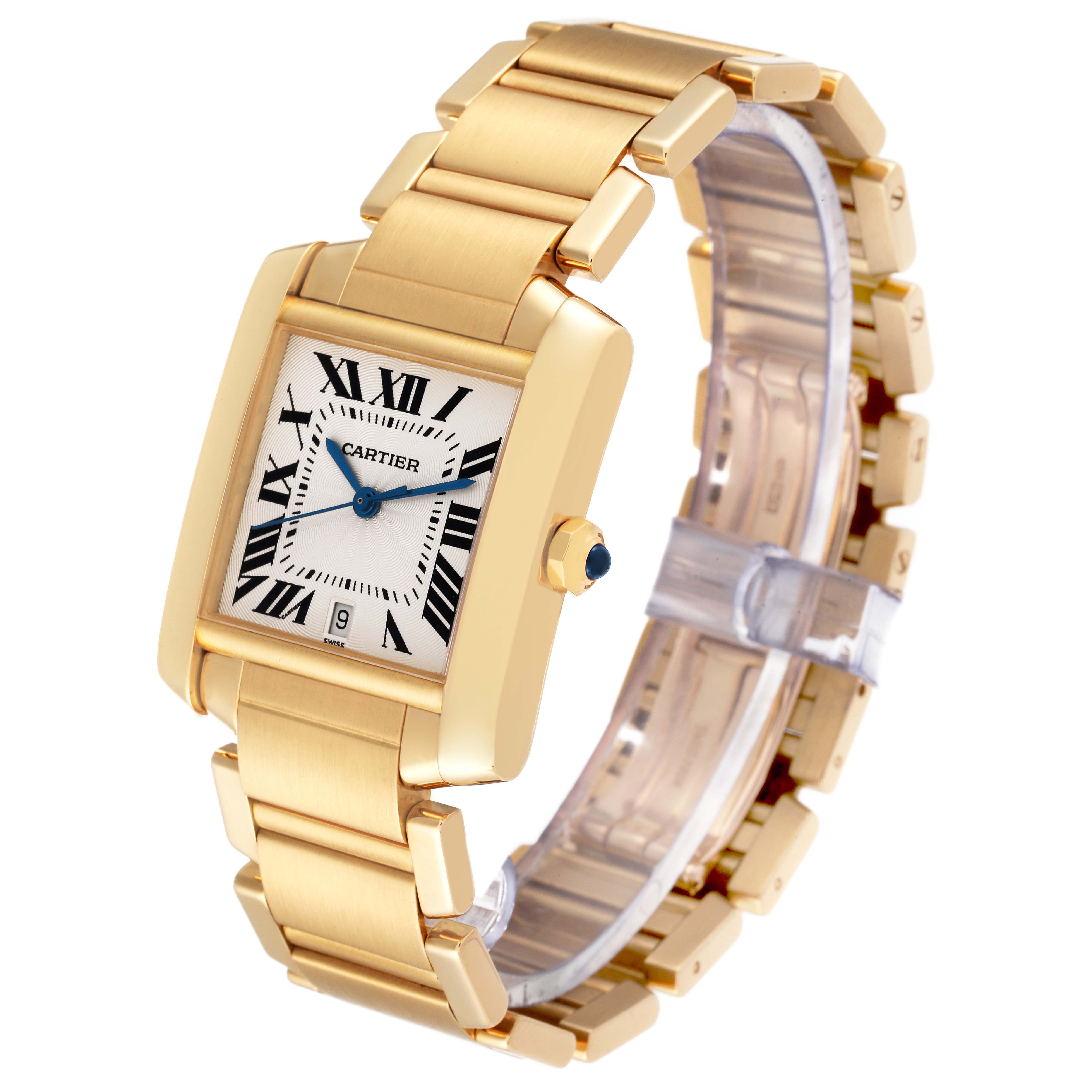 The image shows a Cartier Tank Francaise W50001R2 Men
s Yellow Gold Silver Dial W50001R2 Men
s Yellow Gold Silver Dial watch from a three-quarter angle, highlighting its gold bracelet and rectangular dial with Roman numerals.