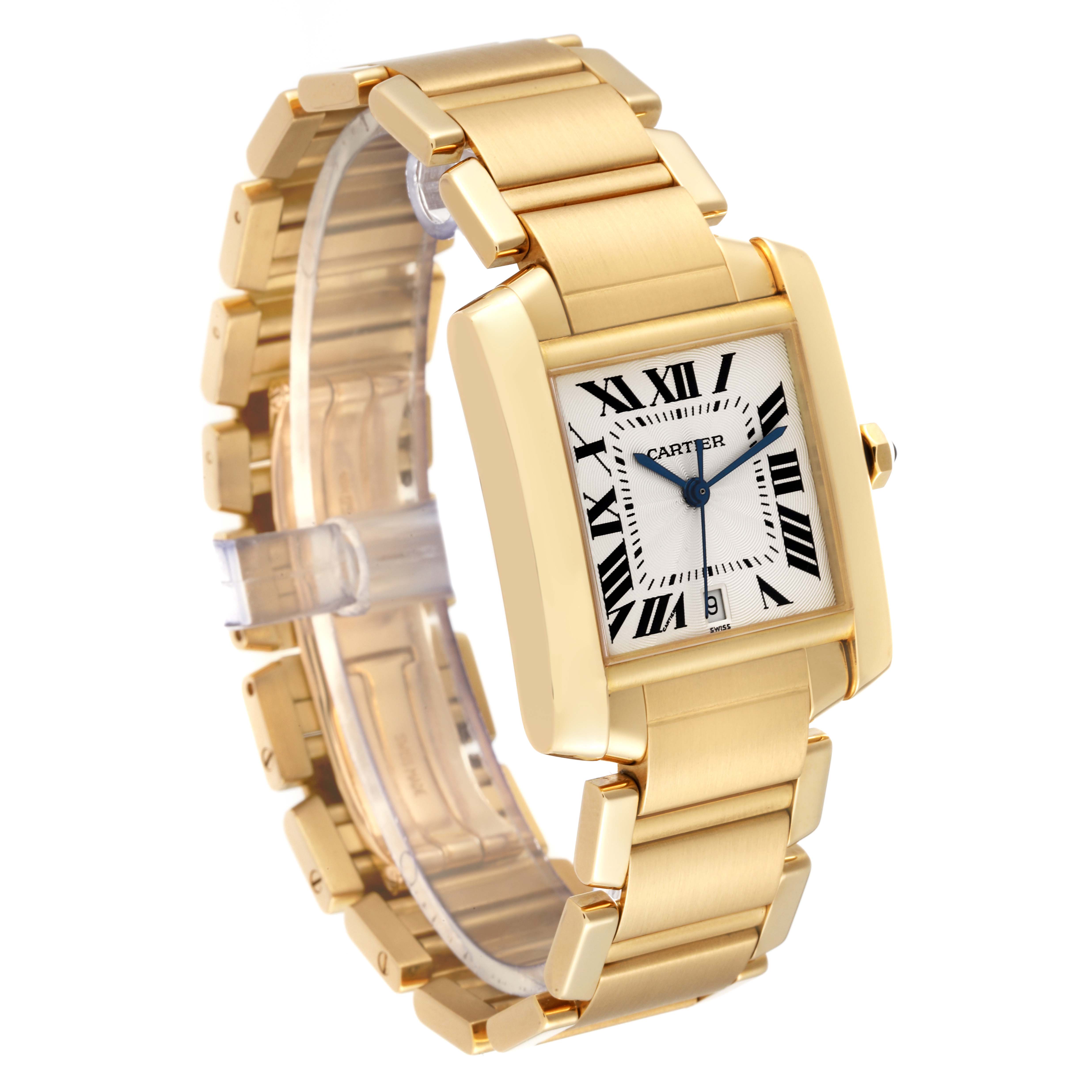 The image shows the Cartier Tank Francaise W50001R2 Men
s Yellow Gold Silver Dial W50001R2 Men
s Yellow Gold Silver Dial model watch at a three-quarter angle, highlighting the face, bracelet, and clasp.