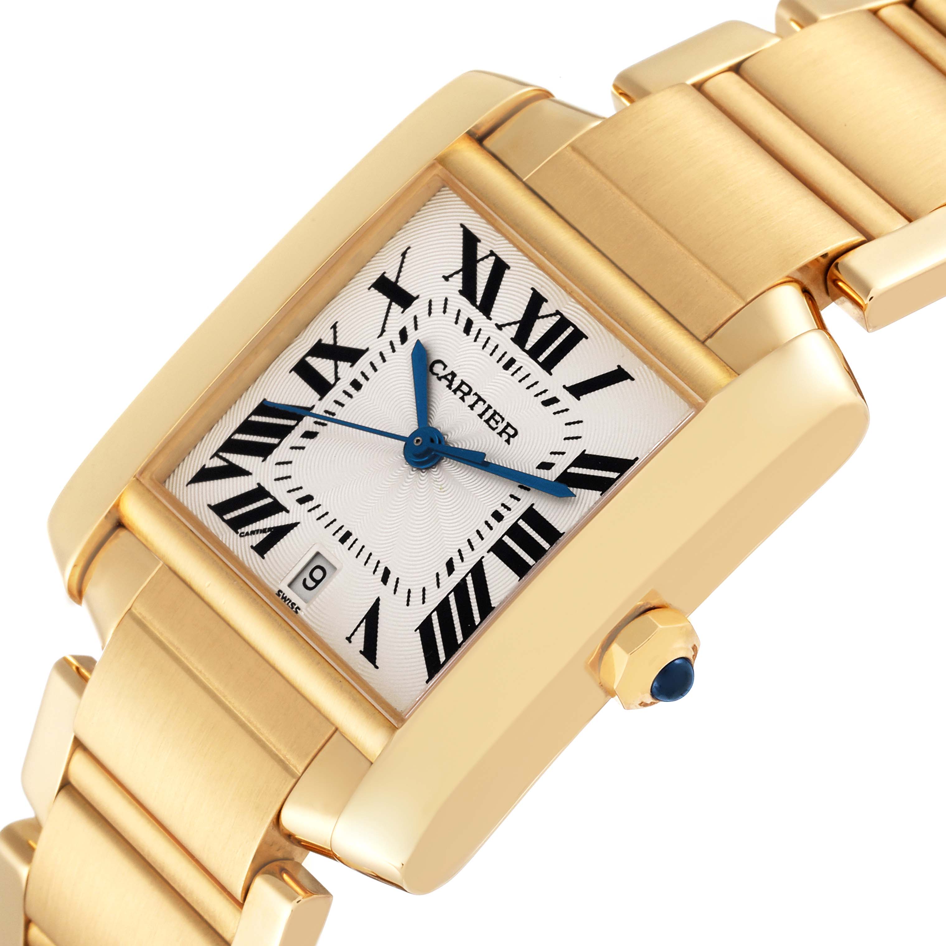 The image shows a gold Cartier Tank Française watch from a slightly tilted top angle, highlighting the face and part of the bracelet.