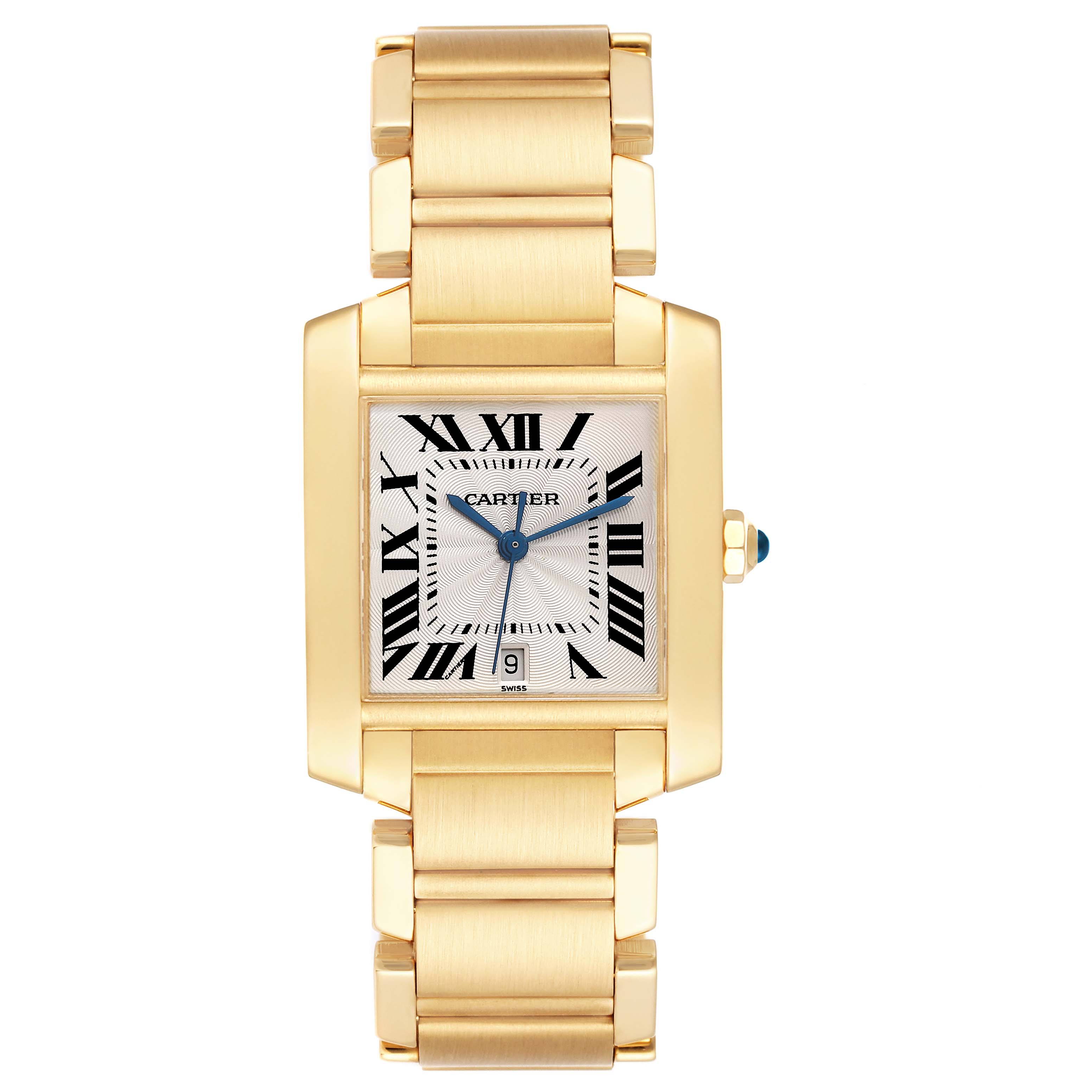 This image shows a front view of the Cartier Tank Francaise W50001R2 Men
s Yellow Gold Silver Dial W50001R2 Men
s Yellow Gold Silver Dial watch, highlighting its bracelet, dial, and rectangular case.