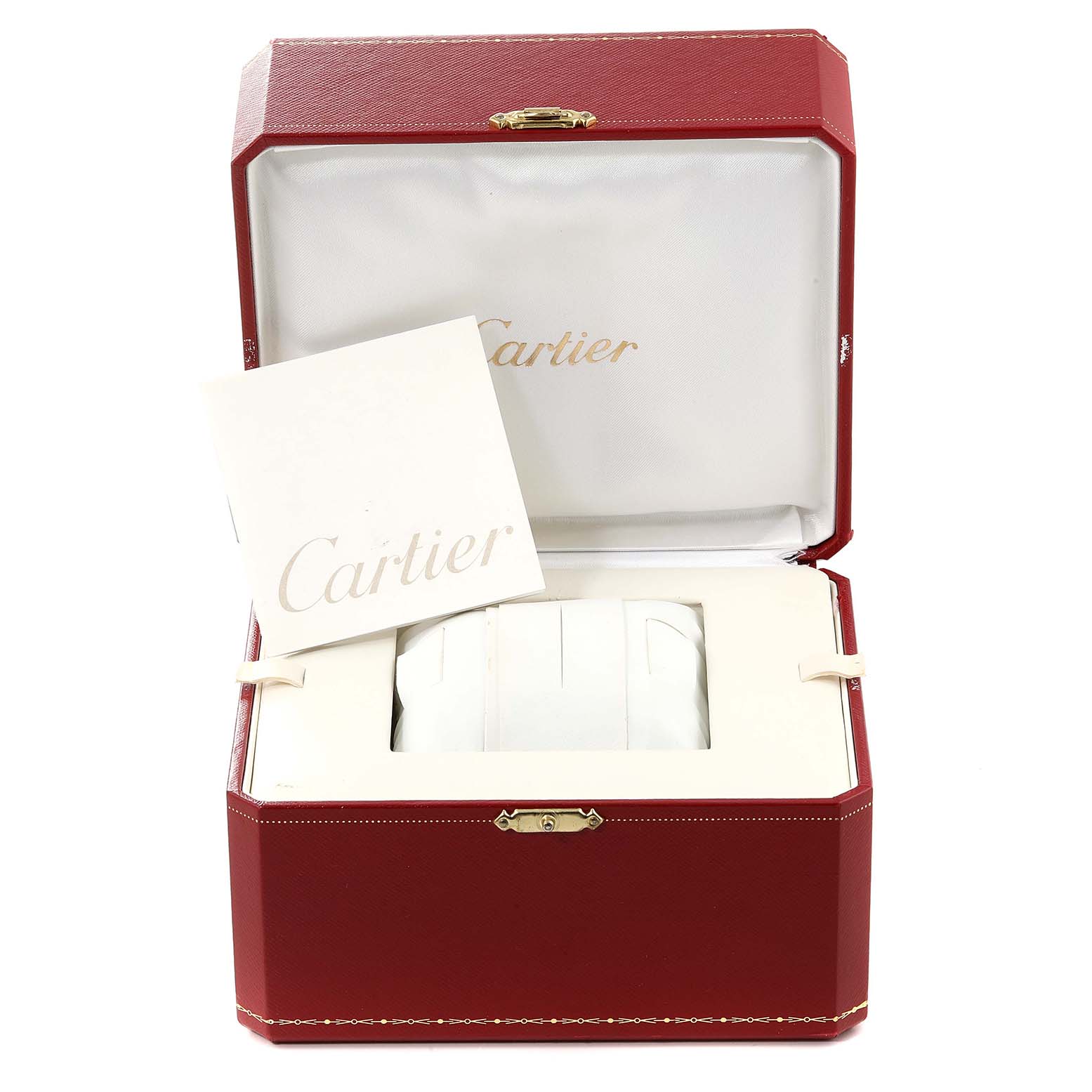 The image shows an open Cartier watch box for the Tank Francaise model, with an instruction booklet inside.