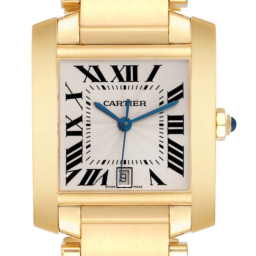 The Cartier Tank Française watch is shown from a front angle, highlighting its face and gold case.