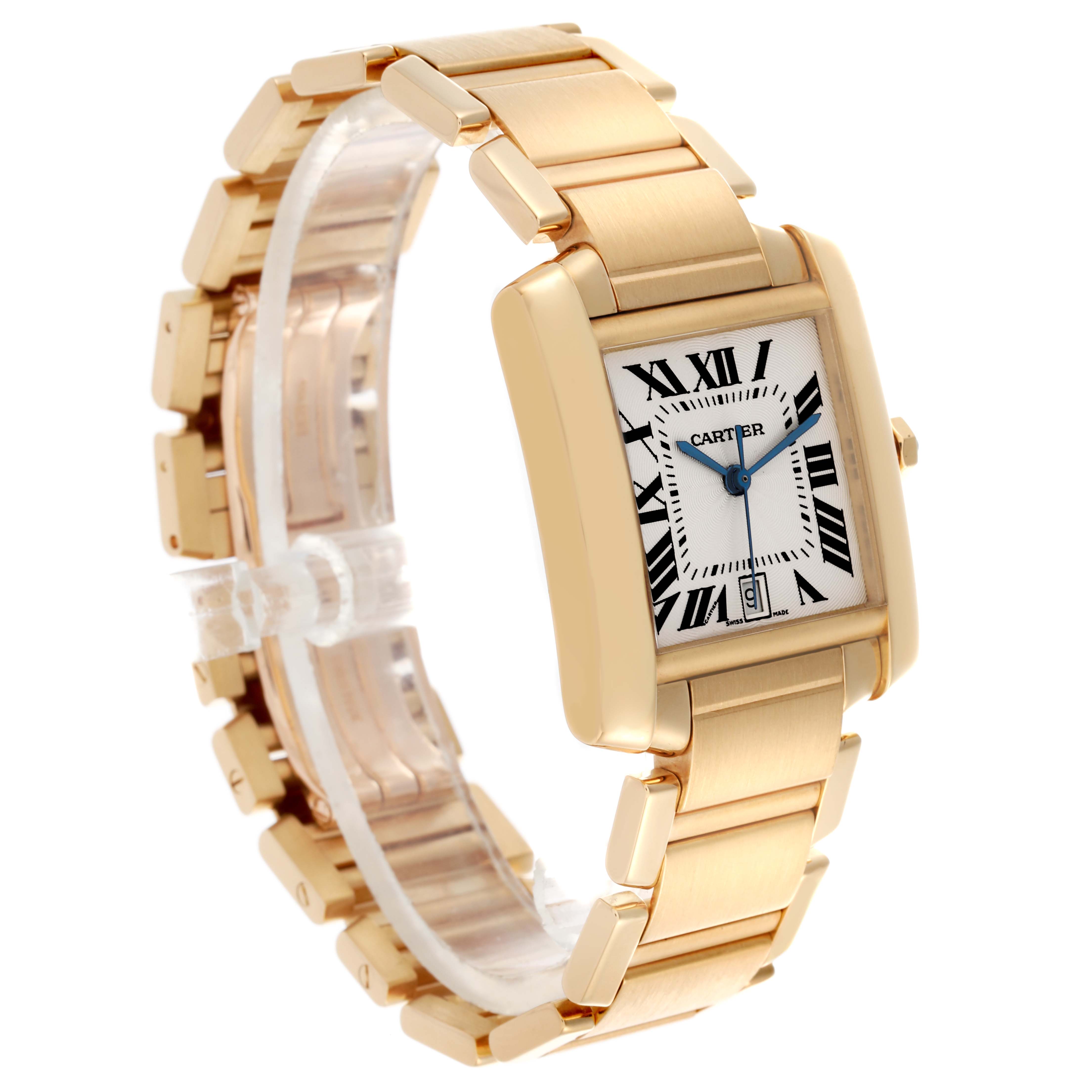 The Cartier Tank Française watch is shown at an angle displaying the face, crown, and gold bracelet.
