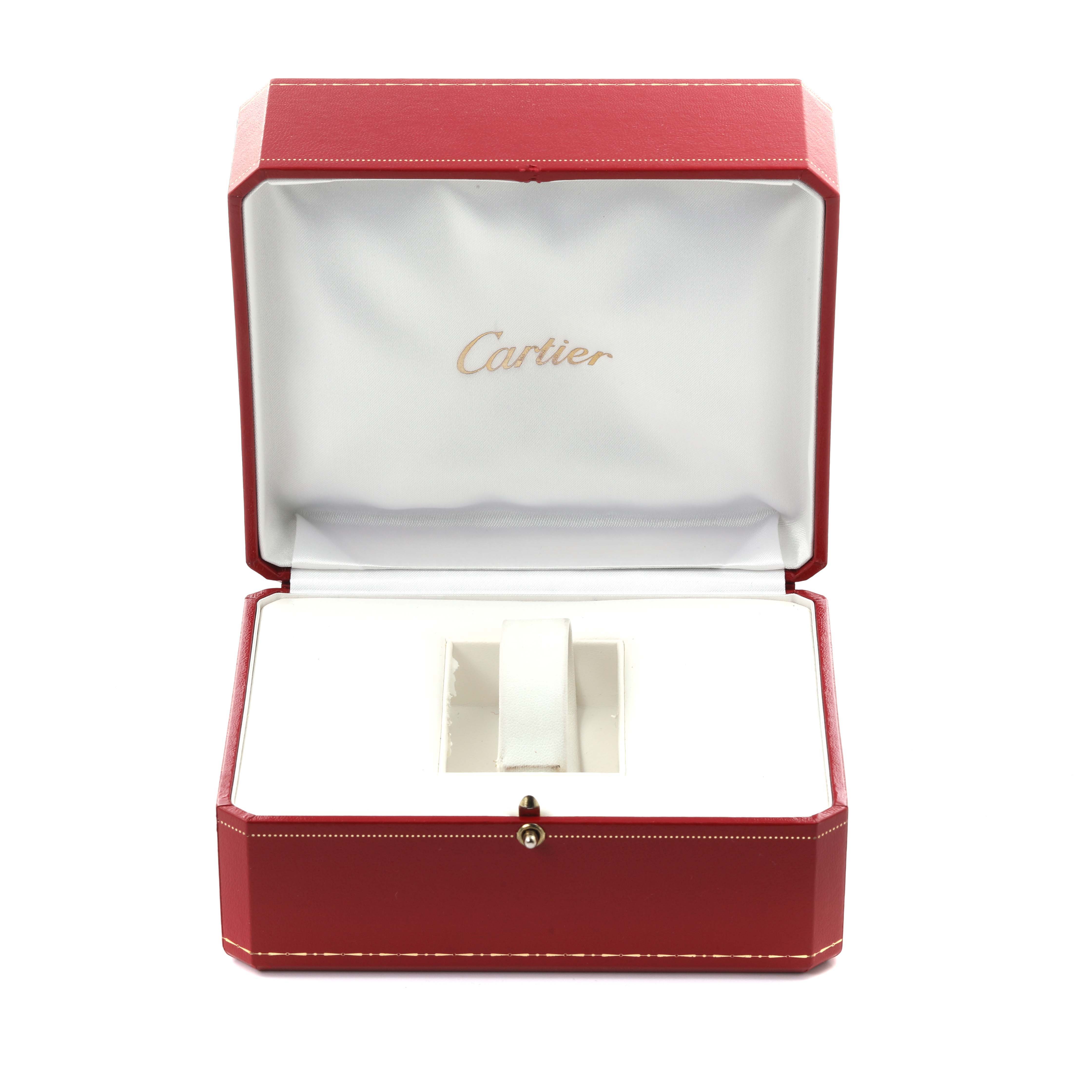 This image shows an open Cartier watch box, likely for the Tank Francaise model, with no watch inside.