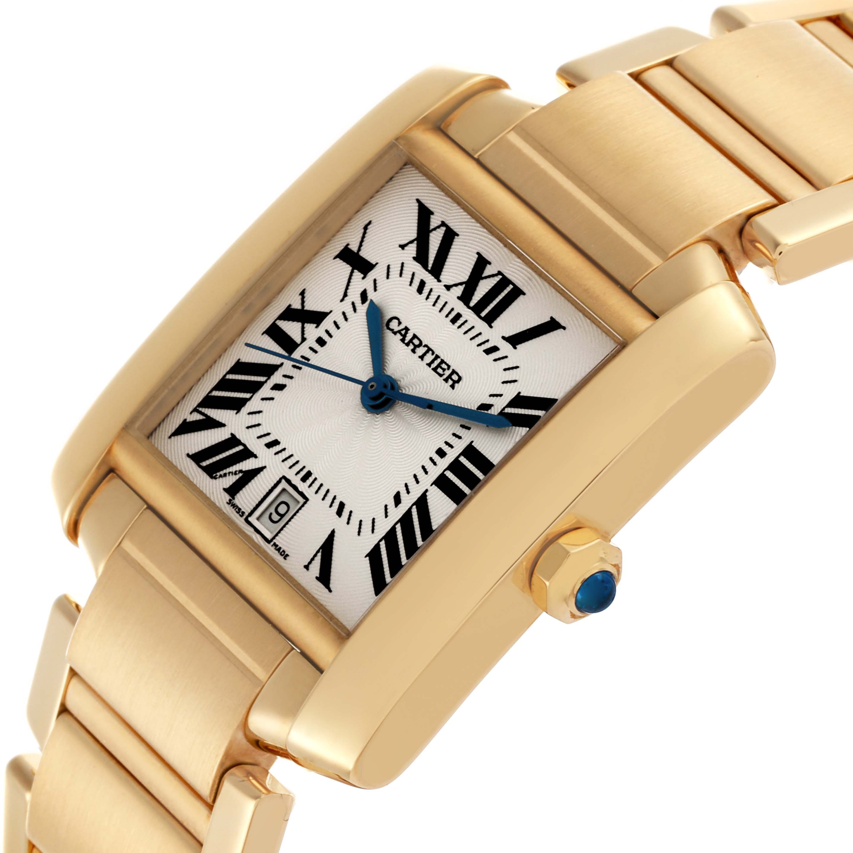 The Cartier Tank Francaise W50001R2 Men
s Yellow Gold Silver Dial W50001R2 Men
s Yellow Gold Silver Dial watch is shown from an angled top view, highlighting the dial, case, crown, and part of the bracelet.
