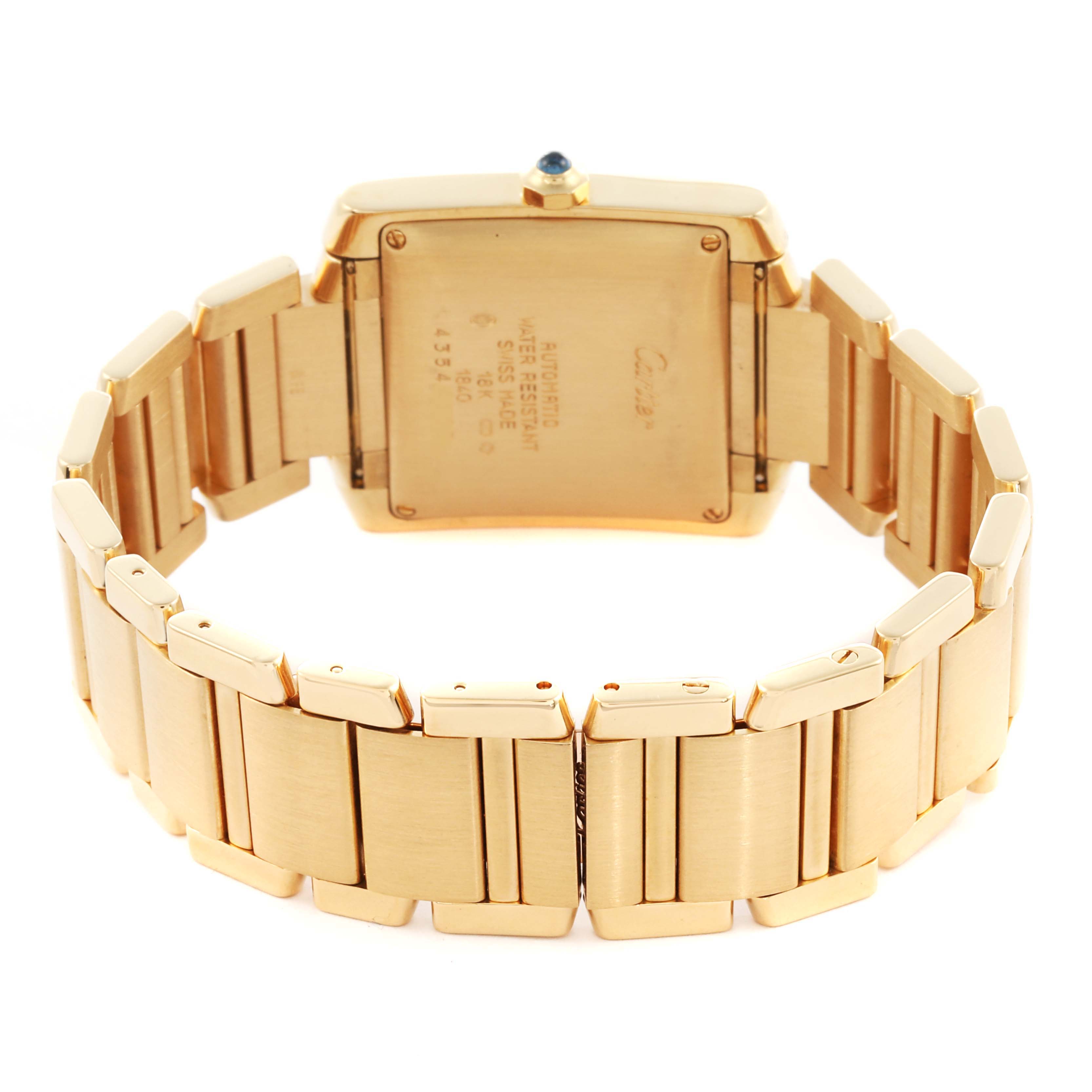 The image shows the back and bracelet of the Cartier Tank Francaise W50001R2 Men
s Yellow Gold Silver Dial W50001R2 Men
s Yellow Gold Silver Dial watch, highlighting its gold finish.