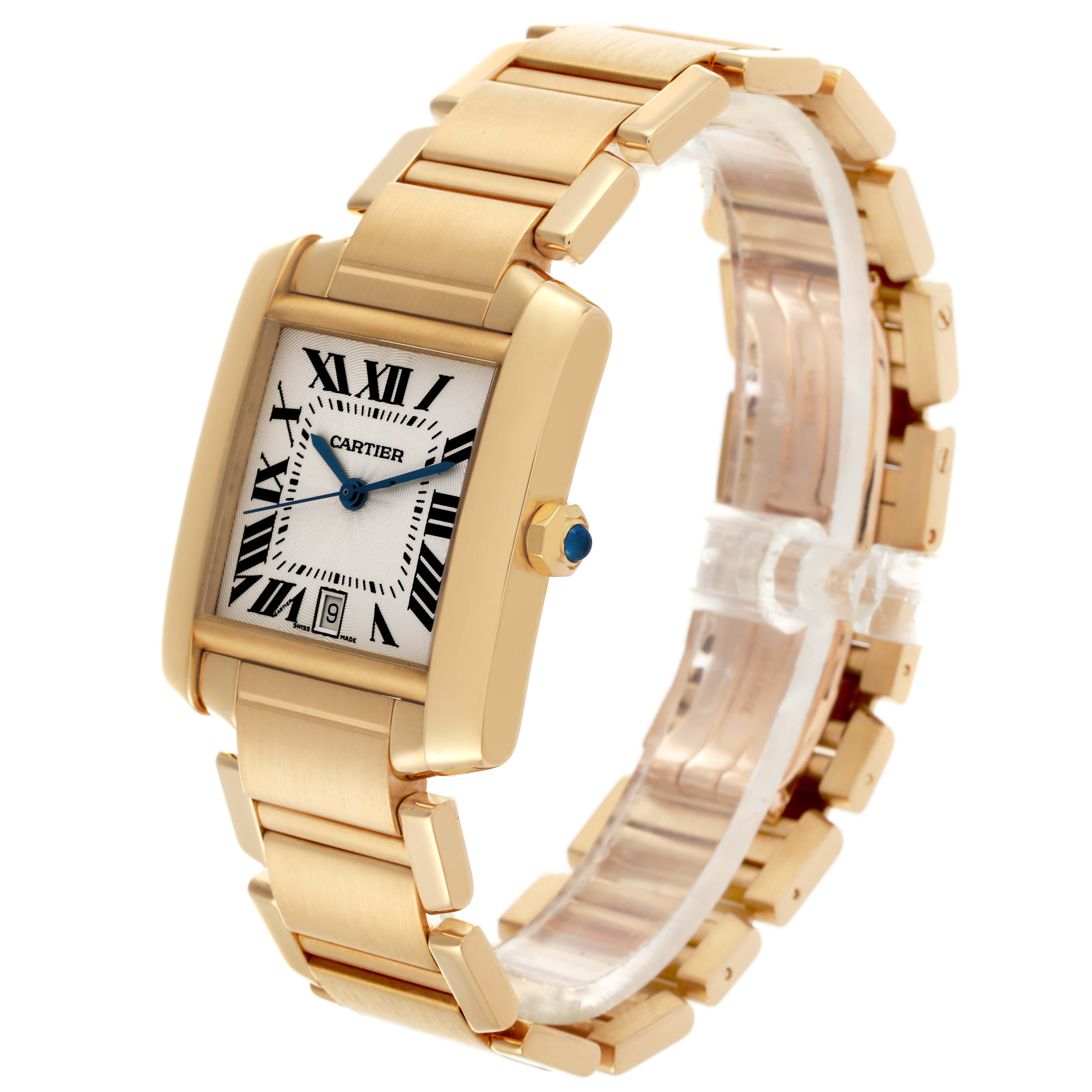 The Cartier Tank Francaise W50001R2 Men
s Yellow Gold Silver Dial W50001R2 Men
s Yellow Gold Silver Dial watch is shown at an angled view, displaying the face, crown, and bracelet.