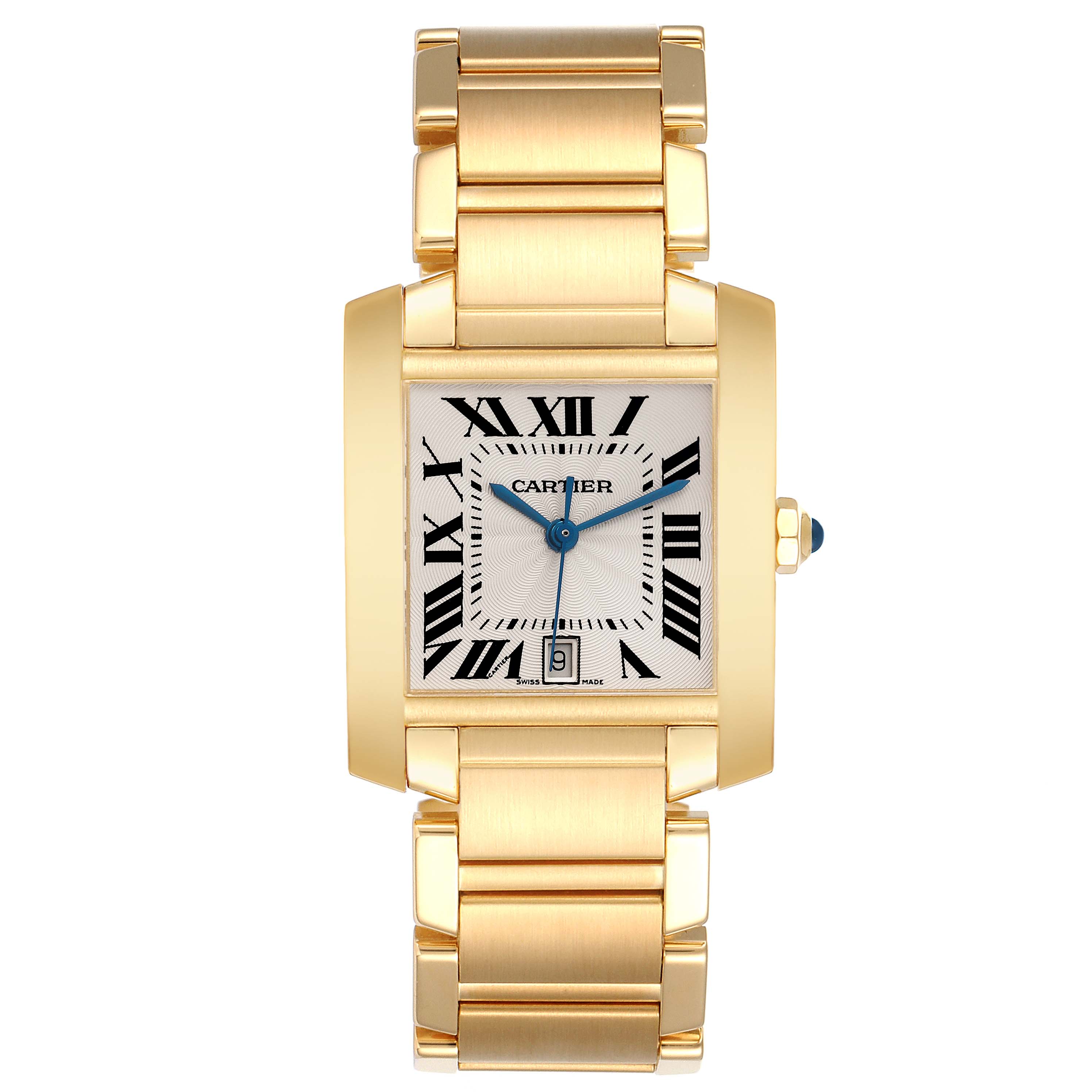 The Tank Française by Cartier is shown from the front, highlighting its gold bracelet and Roman numeral dial.