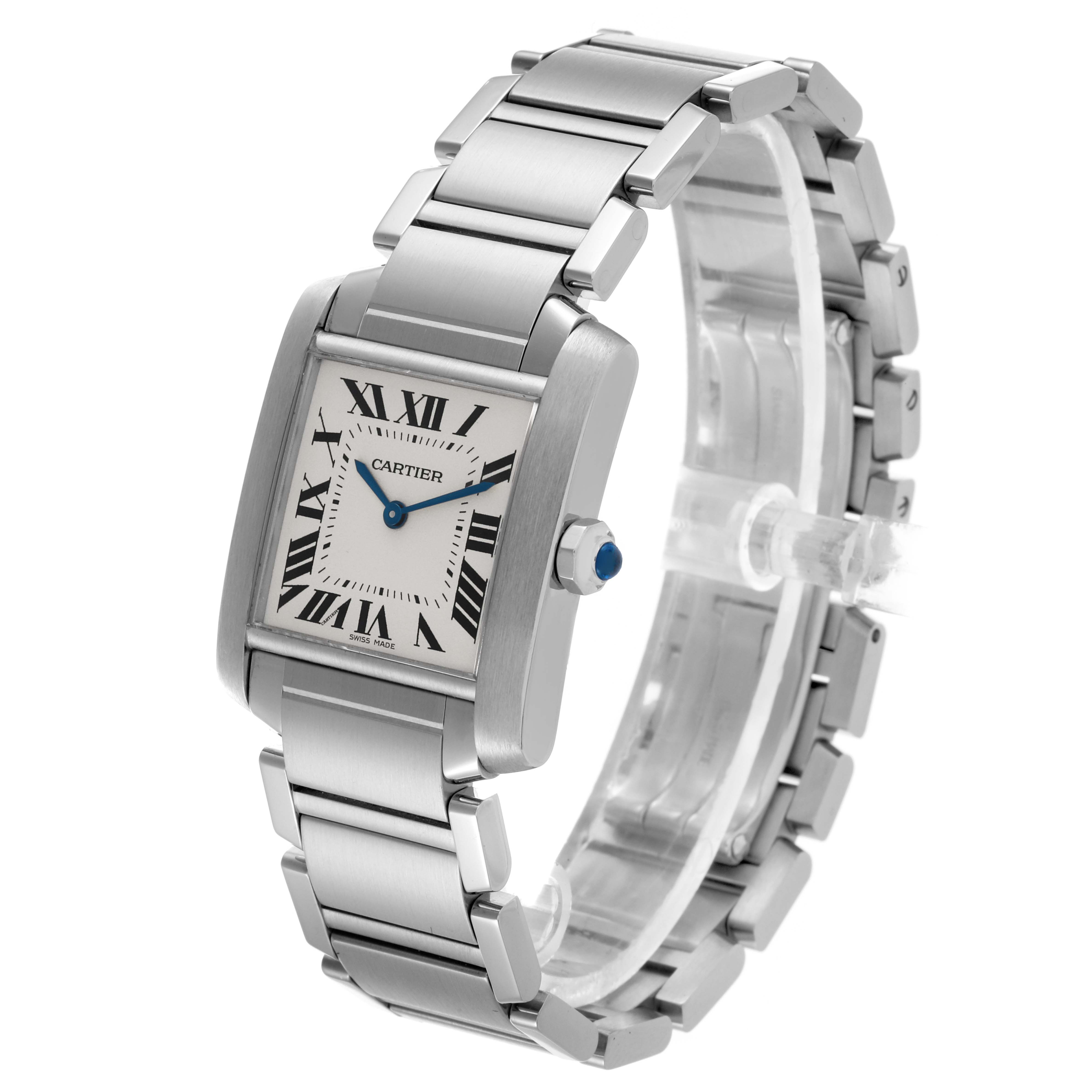 The Cartier Tank Française watch is shown at an angled side view, displaying the face, bracelet, and crown.