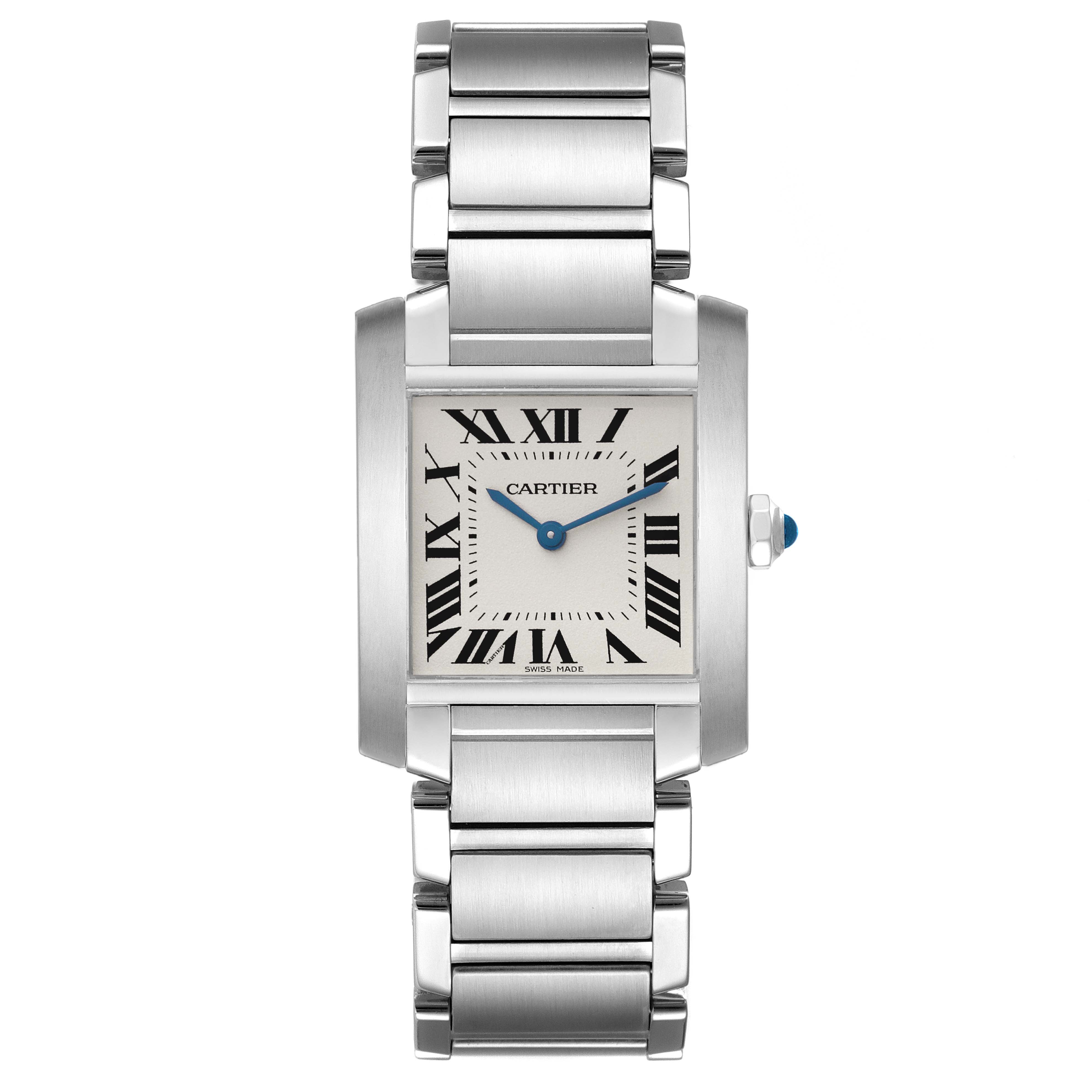 The image shows a Cartier Tank Française watch from a front angle, highlighting the face, bezel, and bracelet.