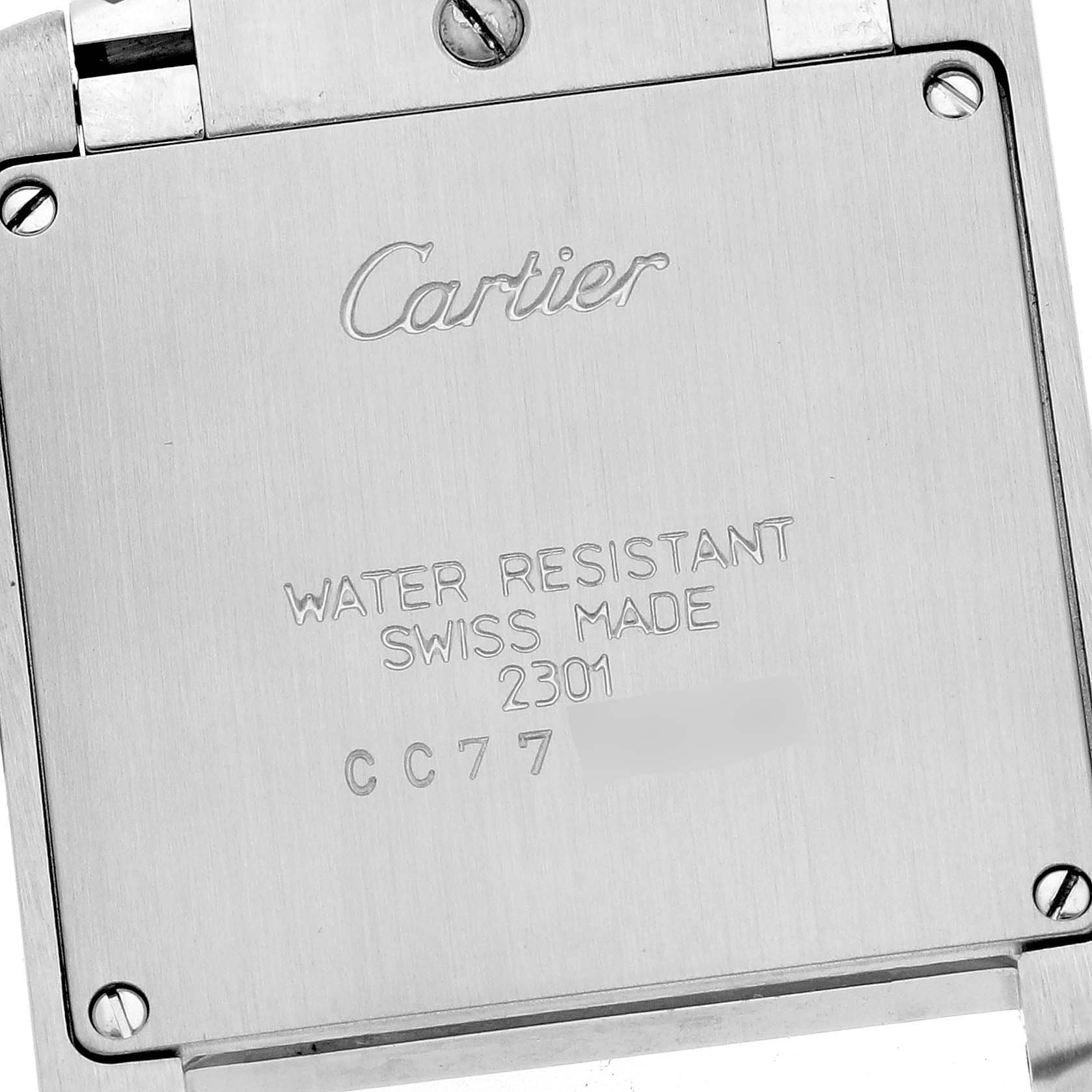 The image shows the back case of a Cartier Tank Française watch, highlighting its water resistance and Swiss-made details.