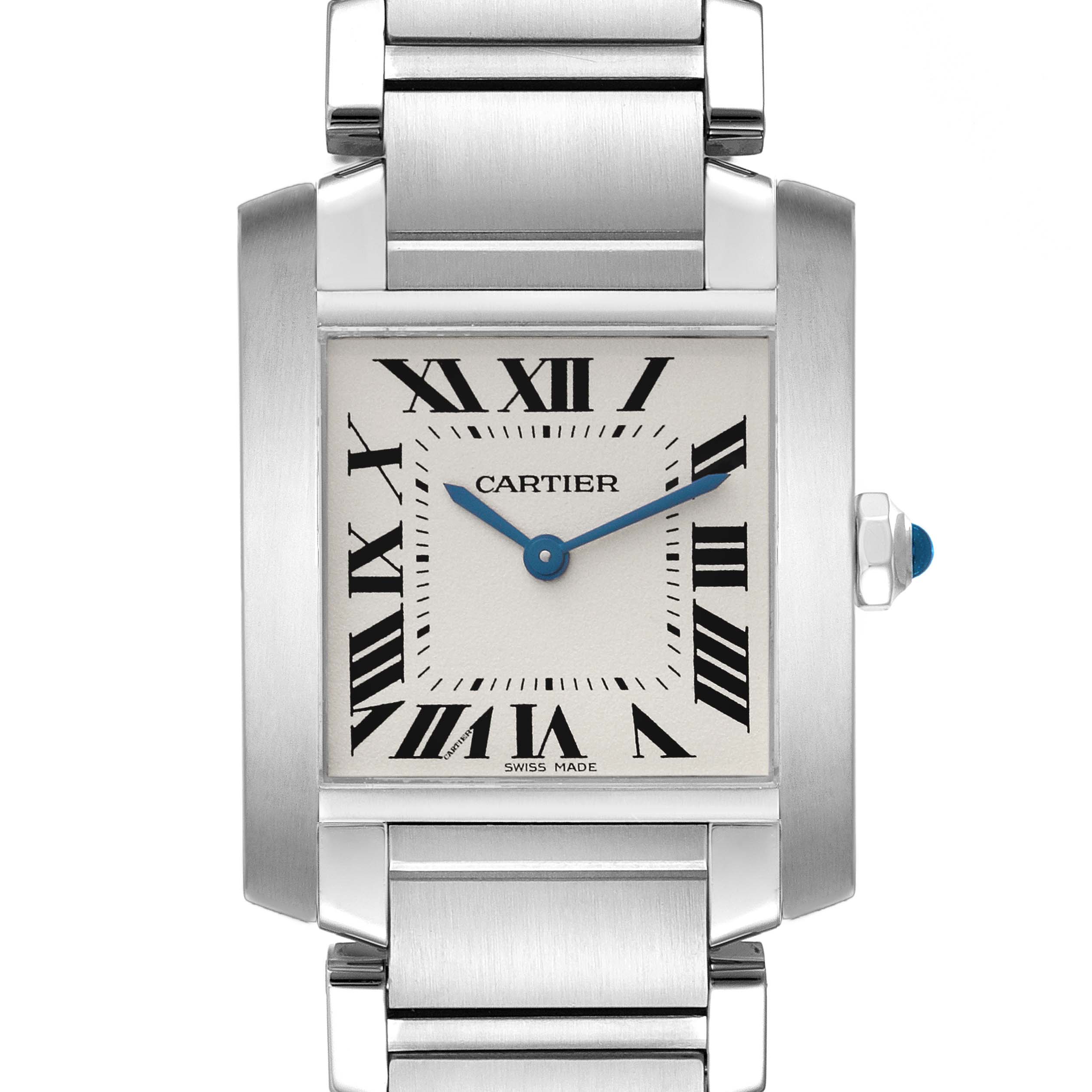 The Cartier Tank Française watch is shown from a frontal angle, highlighting its face, bezel, and part of the bracelet.