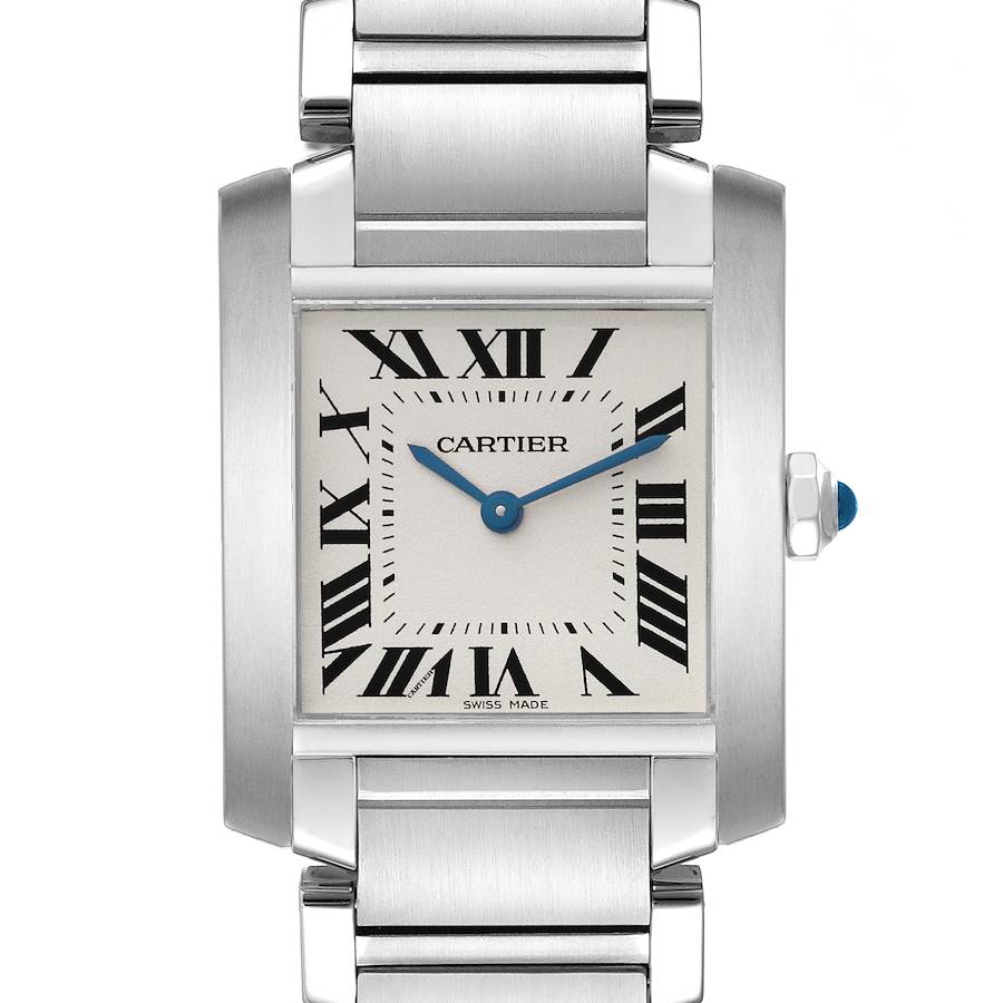 The Cartier Tank Française watch is shown from a frontal angle, highlighting its face, bezel, and part of the bracelet.