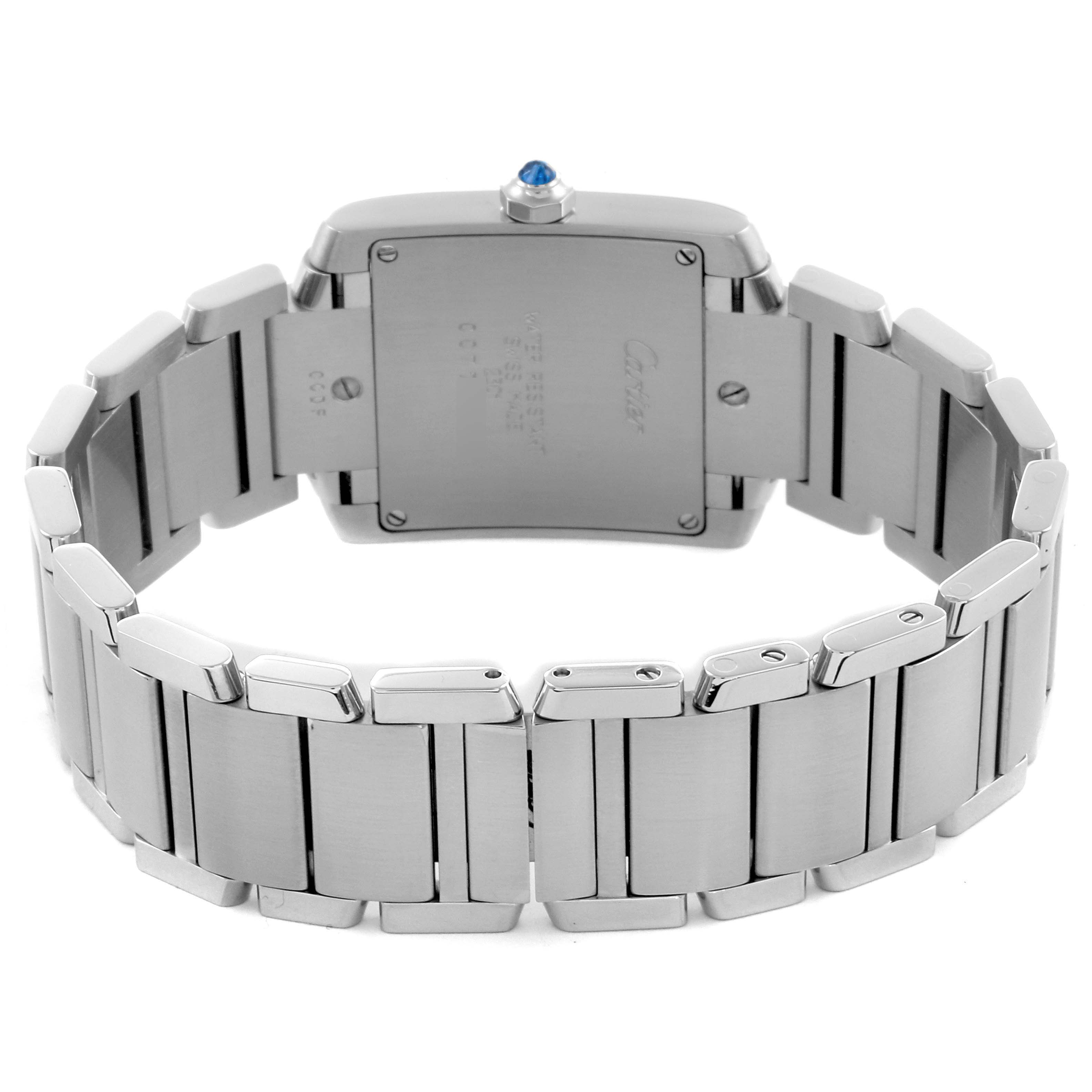 The image shows the back and bracelet of a Cartier Tank Française watch, highlighting its clasp and links.
