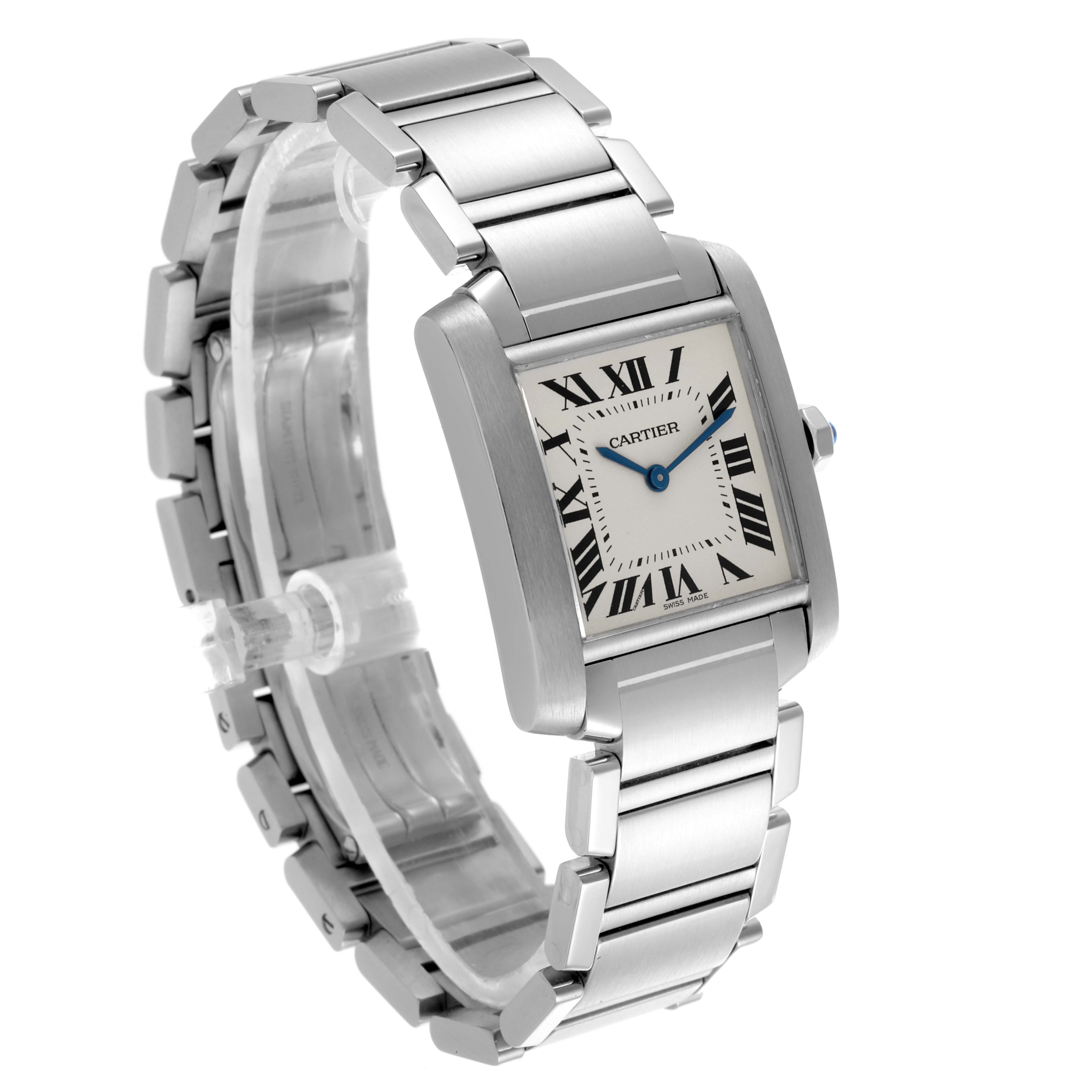 The Cartier Tank Française is shown at a slight angle highlighting the face, bezel, and bracelet links.