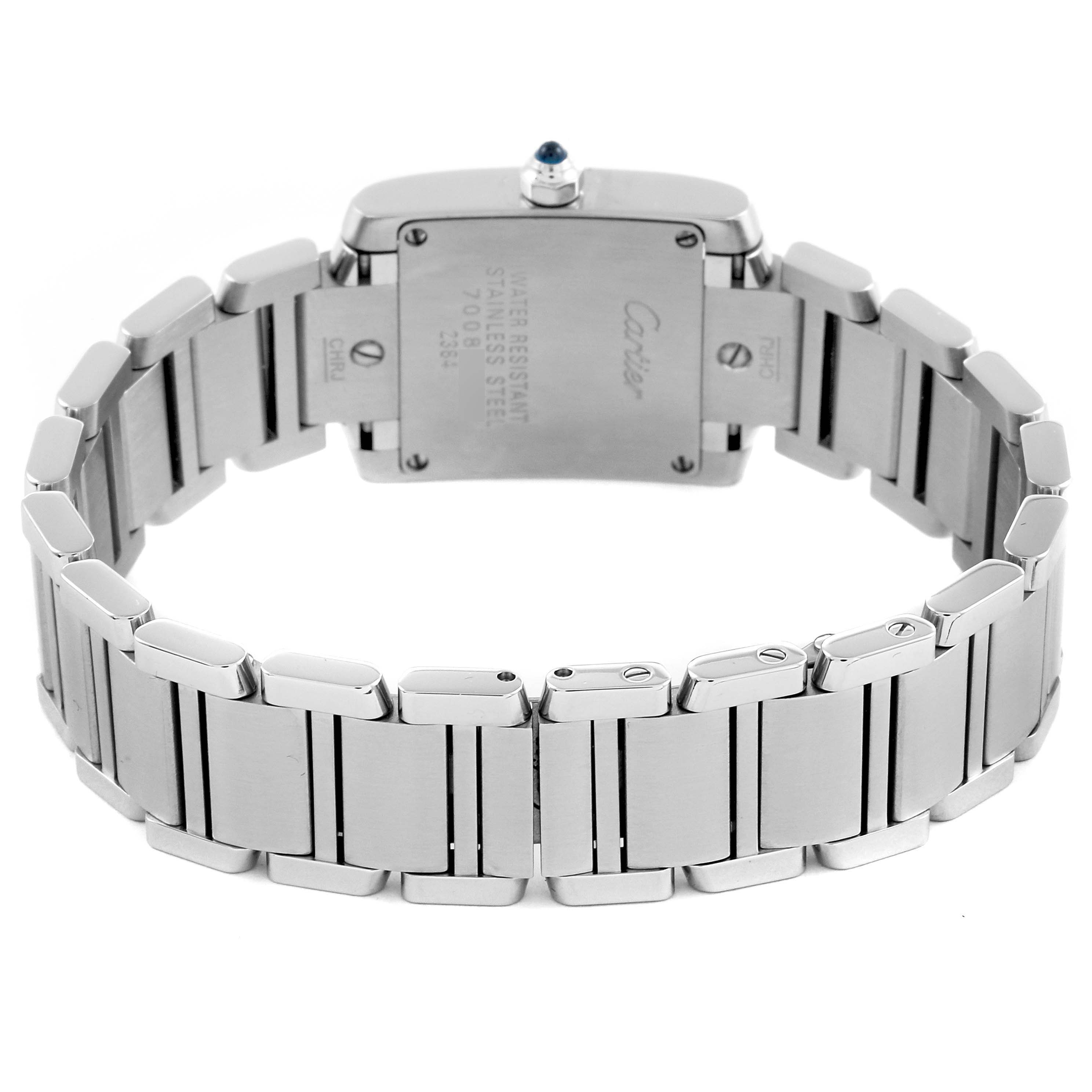 The Cartier Tank Francaise W51008Q3 Women's Stainless Steel Silver Dial W51008Q3 Women's Stainless Steel Silver Dial watch is shown from the back, highlighting the stainless steel bracelet and case.