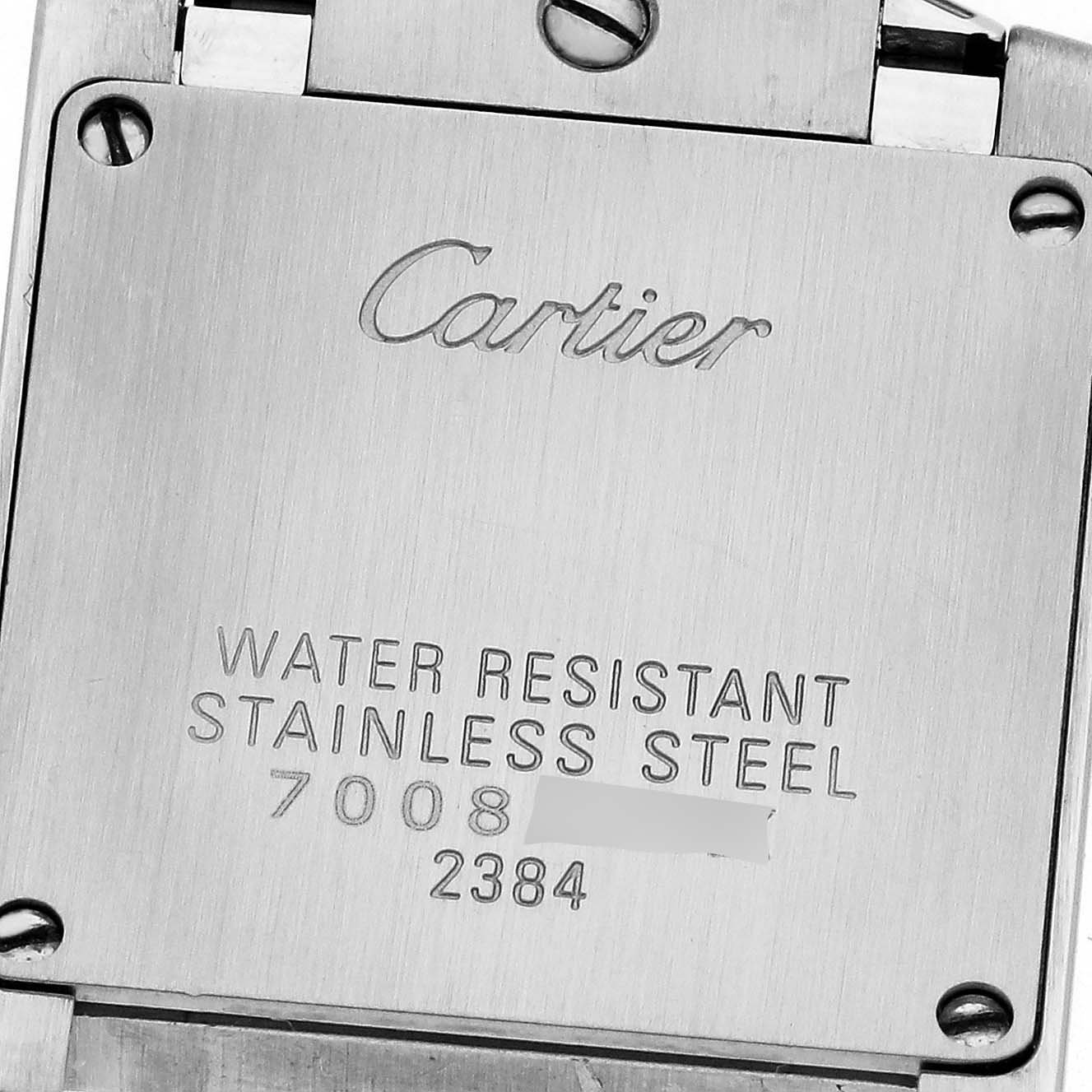 The image shows the back casing of a Cartier Tank Francaise W51008Q3 Women's Stainless Steel Silver Dial W51008Q3 Women's Stainless Steel Silver Dial, highlighting the "Water Resistant Stainless Steel" text.