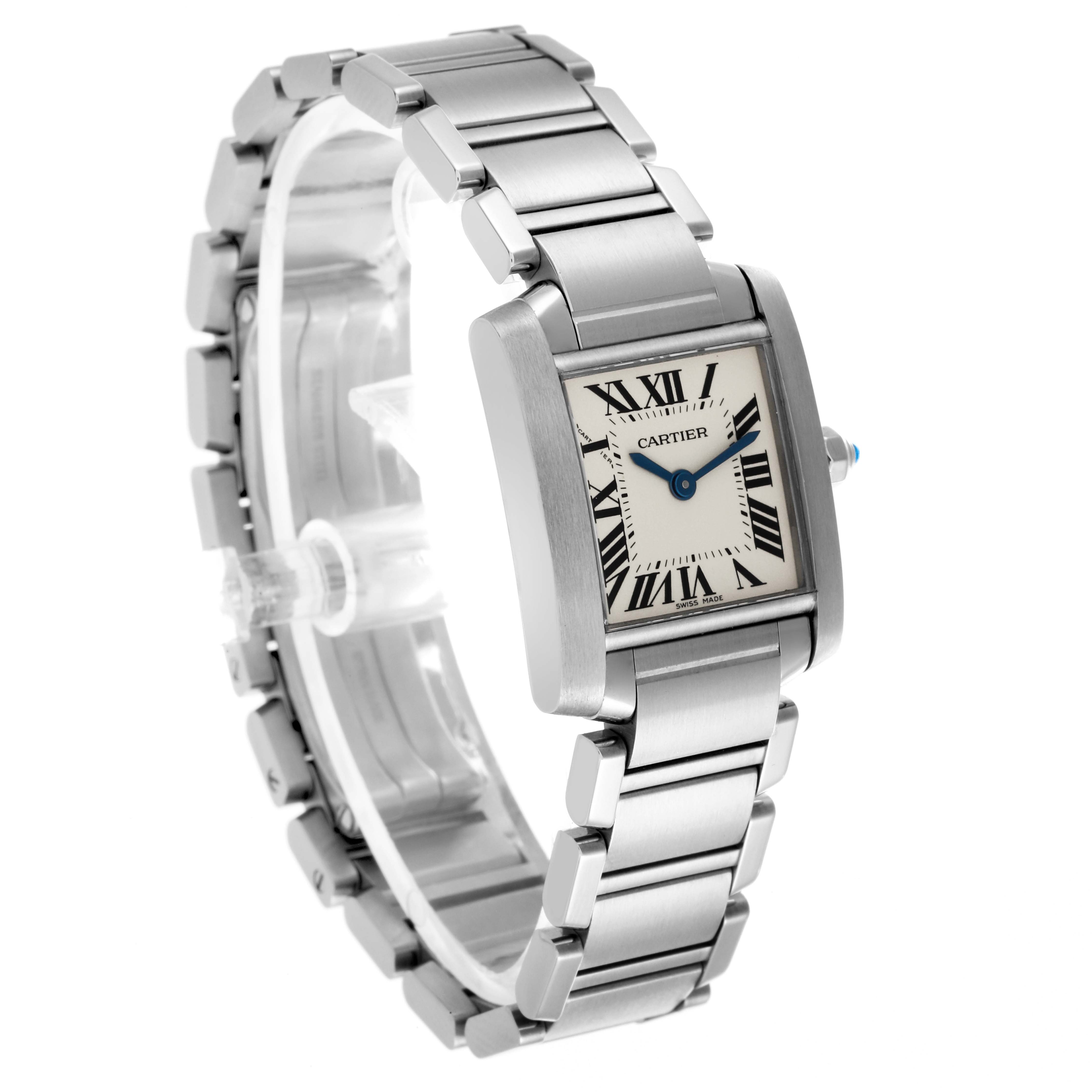 The Cartier Tank Francaise W51008Q3 Women's Stainless Steel Silver Dial W51008Q3 Women's Stainless Steel Silver Dial watch is shown at a three-quarter angle, highlighting its face and stainless steel bracelet.
