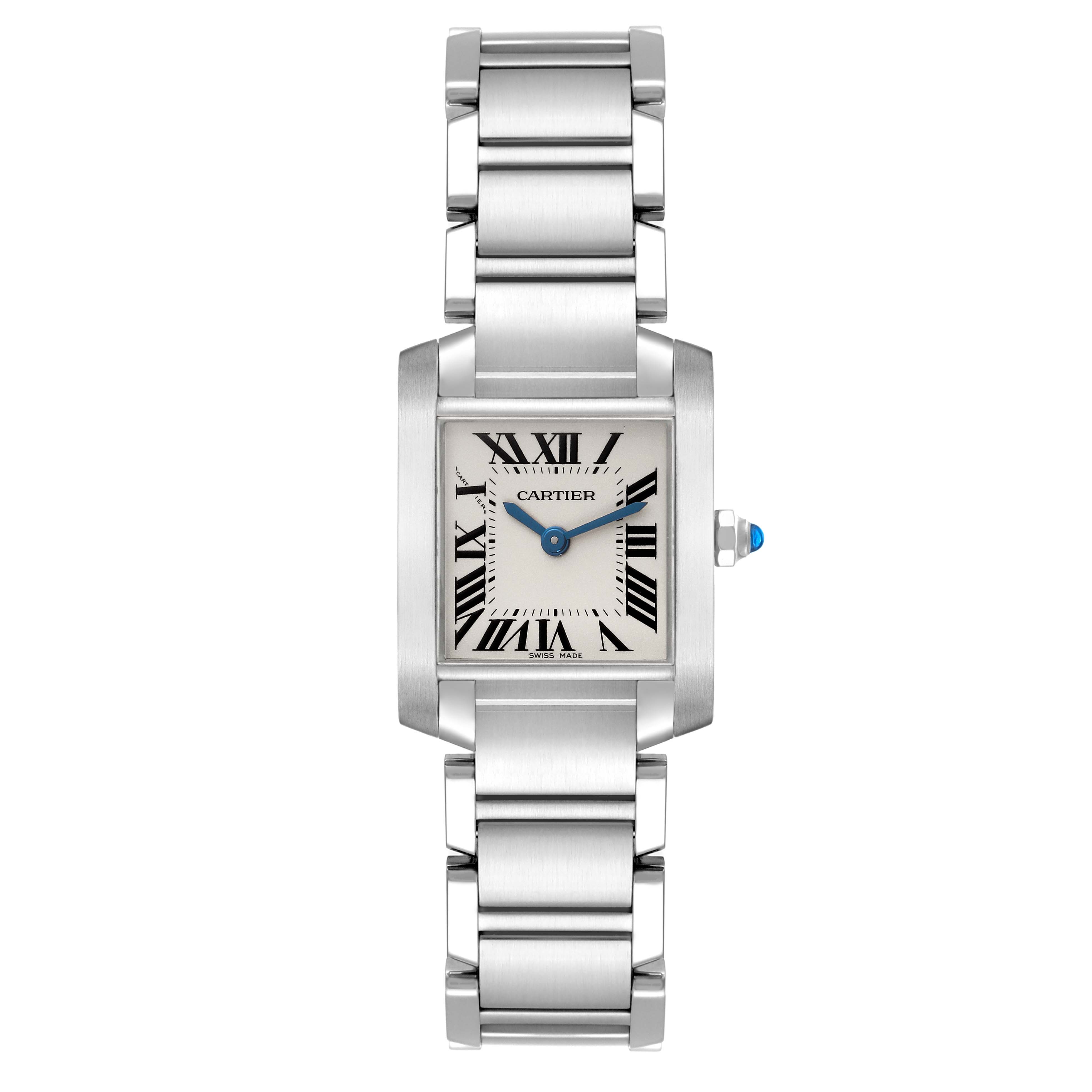 The Cartier Tank Francaise W51008Q3 Women's Stainless Steel Silver Dial W51008Q3 Women's Stainless Steel Silver Dial watch is shown from a front angle, displaying its rectangular face and metal bracelet.