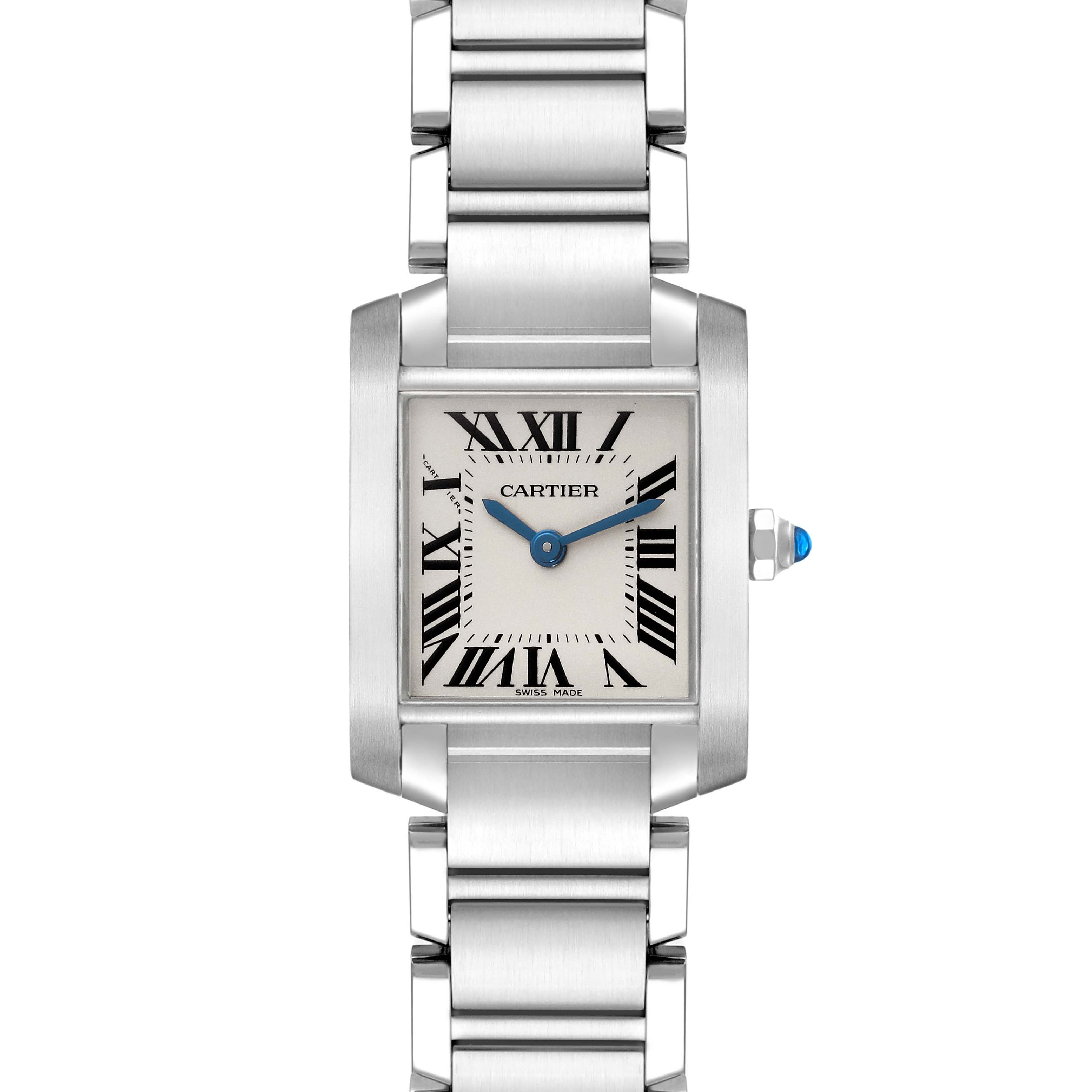 The Cartier Tank Francaise W51008Q3 Women's Stainless Steel Silver Dial W51008Q3 Women's Stainless Steel Silver Dial watch is shown from a front angle, displaying the face, bracelet, and crown.