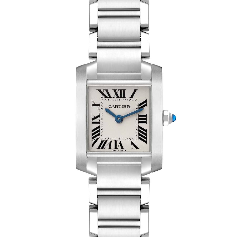 The Cartier Tank Francaise watch is shown from a front angle, displaying the face, bracelet, and crown.