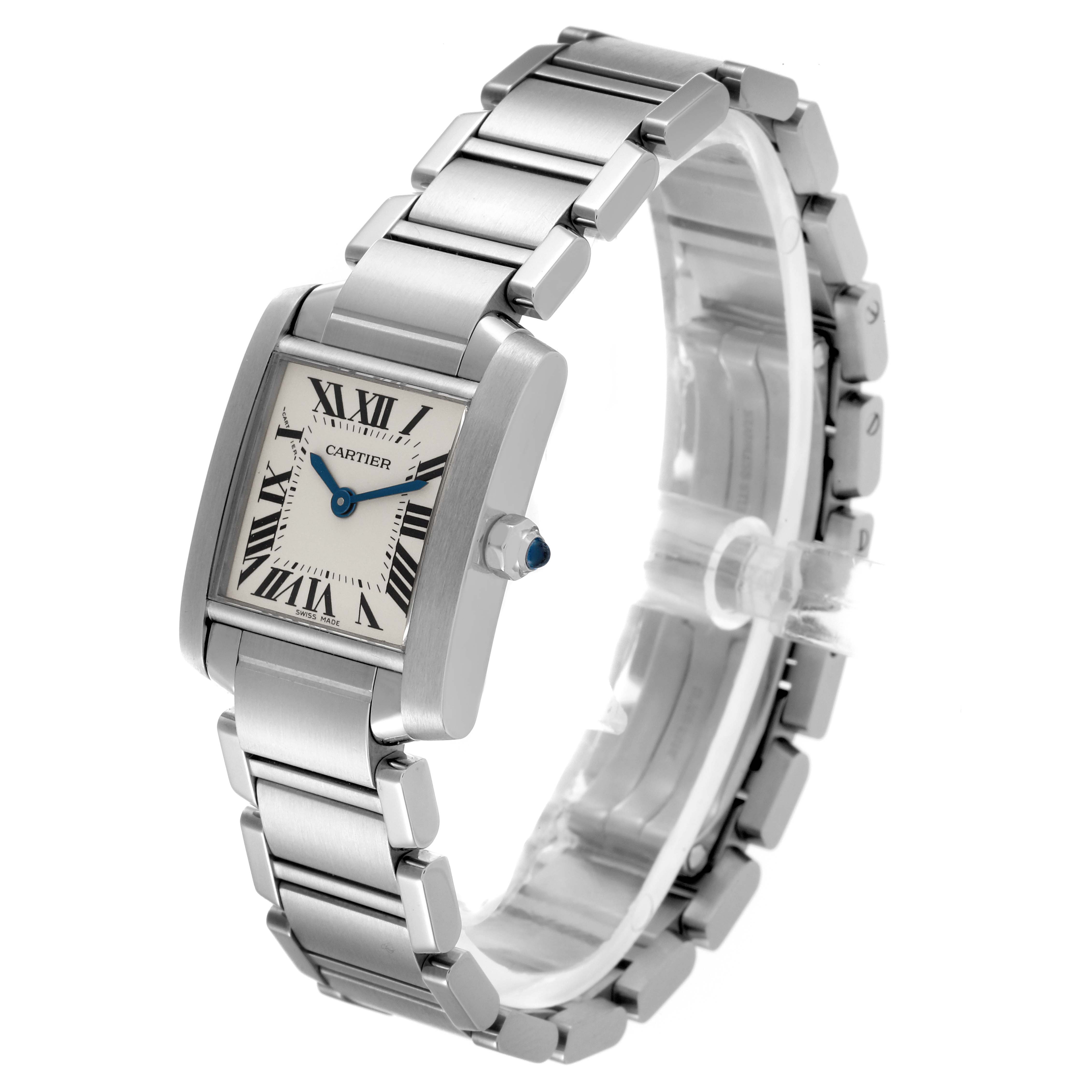 The Cartier Tank Francaise W51008Q3 Women's Stainless Steel Silver Dial W51008Q3 Women's Stainless Steel Silver Dial watch is shown at a three-quarter angle, displaying the face, bracelet, and crown.
