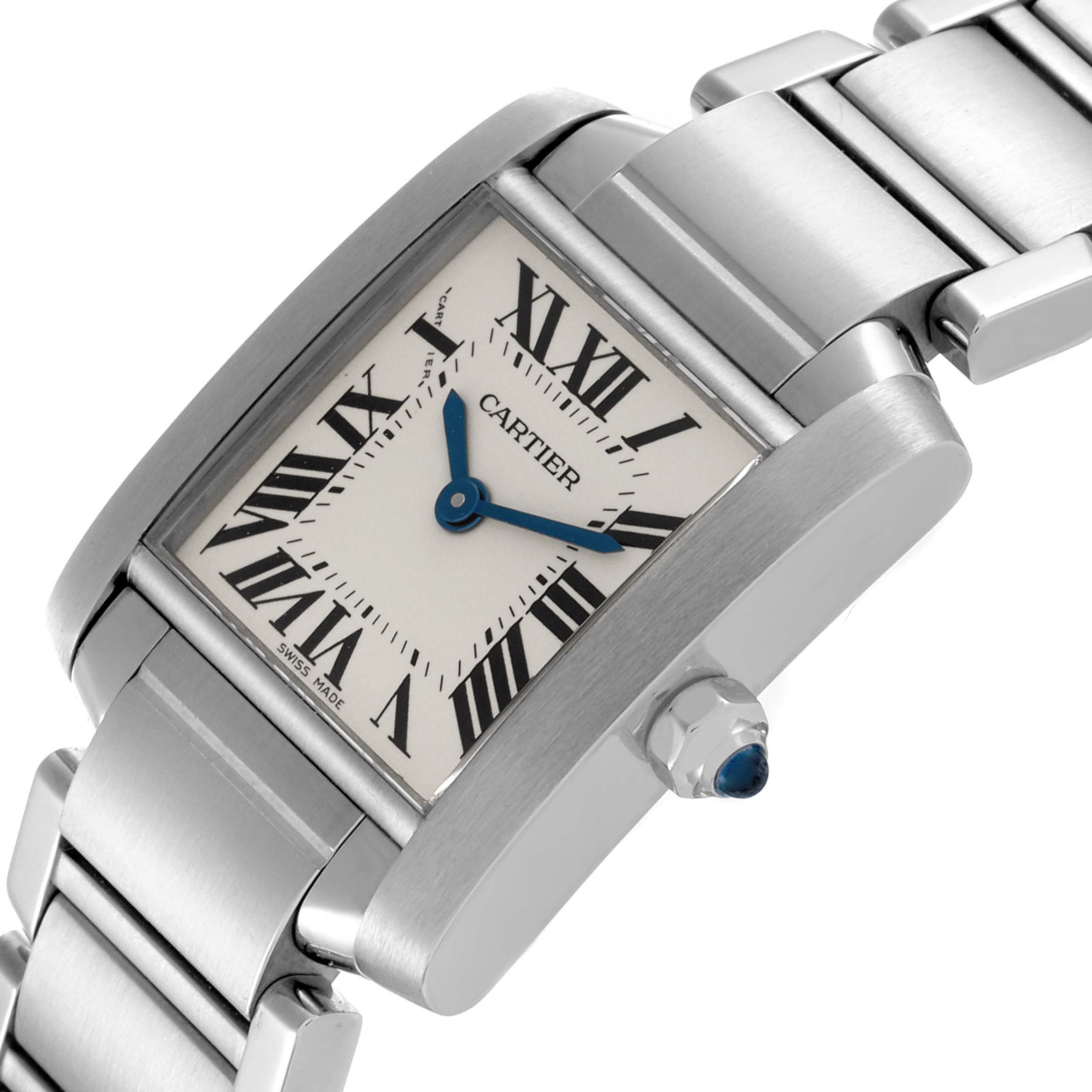 The Cartier Tank Française watch is shown from an angled close-up, highlighting the face, crown, and part of the bracelet.