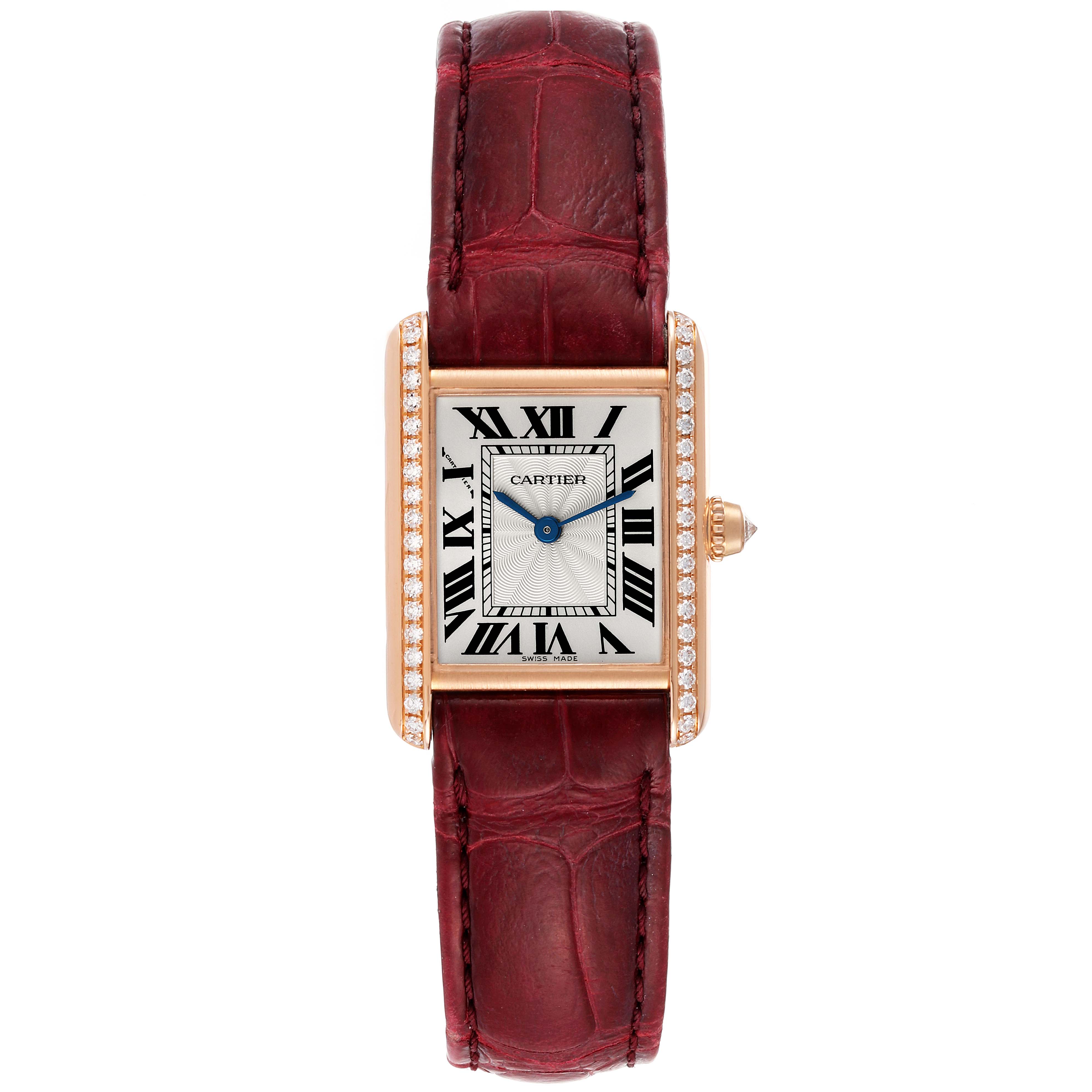 The image shows a front view of the Cartier Tank Louis WJTA0010 Women's Rose Gold Silver Dial WJTA0010 Women's Rose Gold Silver Dial watch, highlighting its dial, straps, and side bezel details.