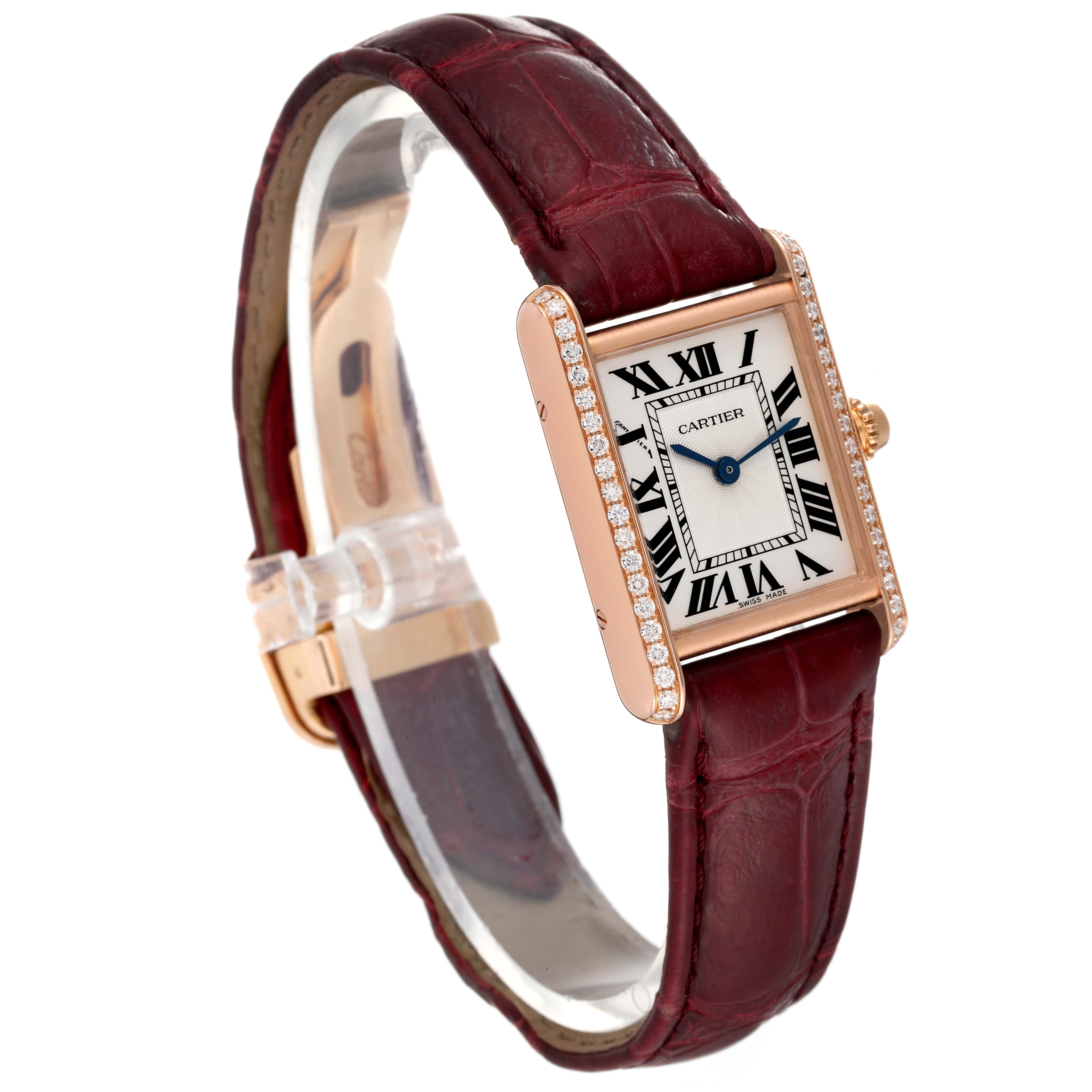 This image shows the Tank Louis model by Cartier at a three-quarter angle, displaying its face, case, and strap.