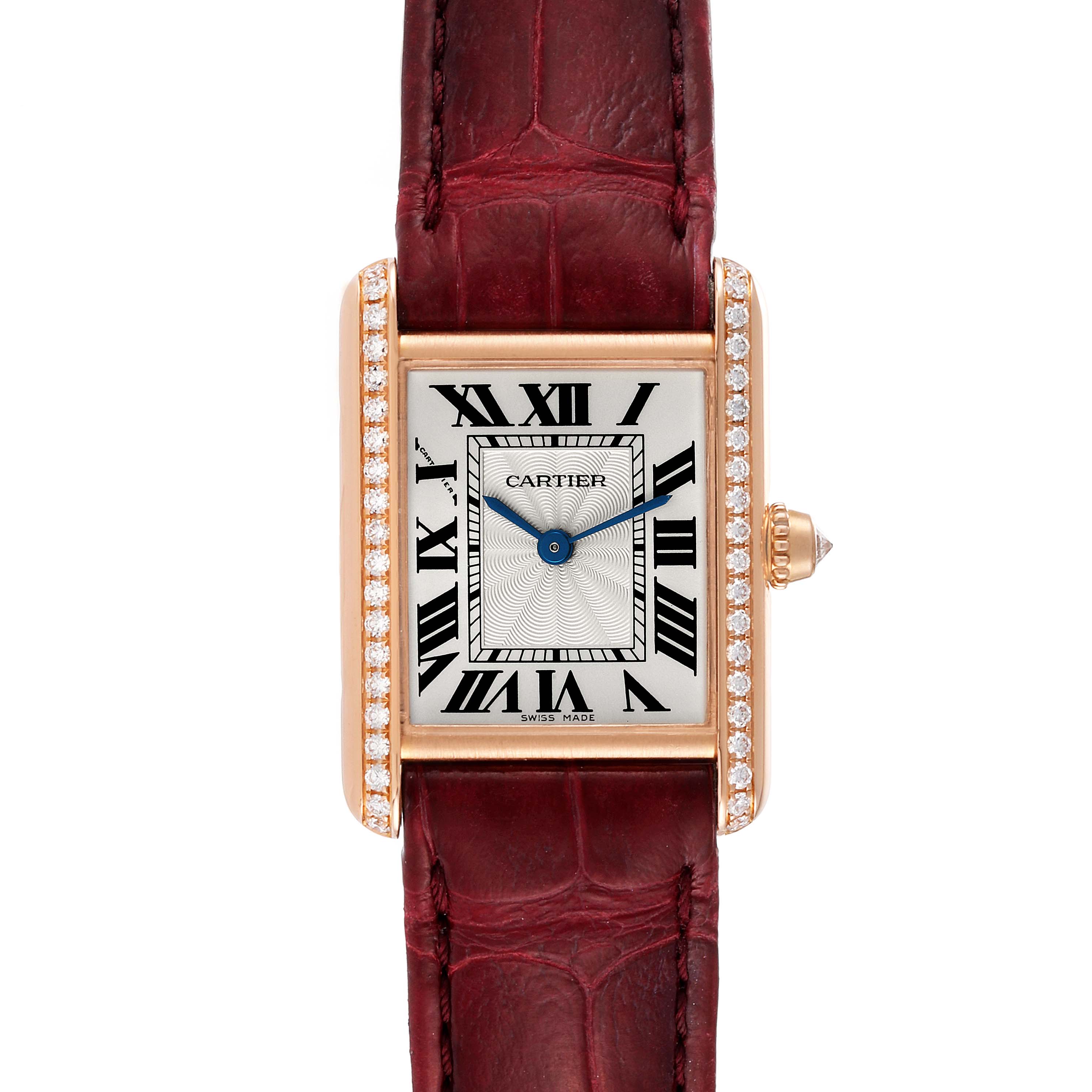 The image shows a Cartier Tank Louis WJTA0010 Women's Rose Gold Silver Dial WJTA0010 Women's Rose Gold Silver Dial watch from a front angle, highlighting its dial, roman numerals, case, and leather strap.