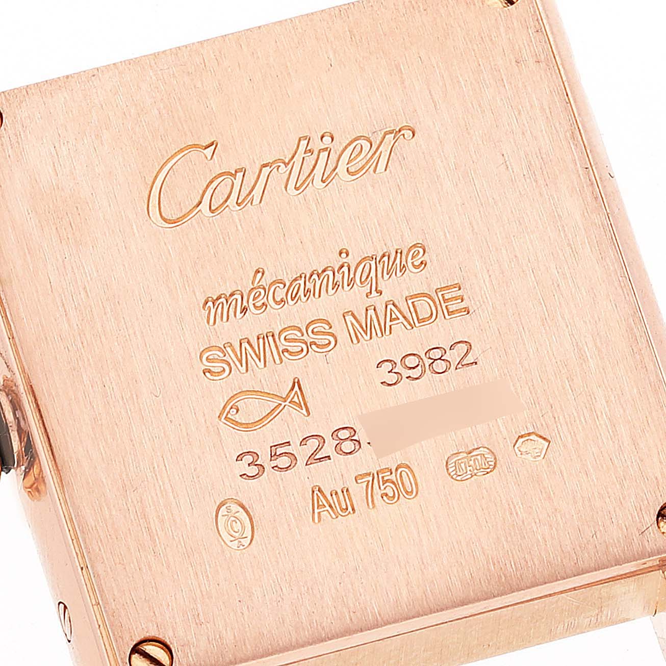 The image shows the back case of a Cartier Tank Louis WJTA0010 Women's Rose Gold Silver Dial WJTA0010 Women's Rose Gold Silver Dial watch, highlighting inscriptions and hallmarks.