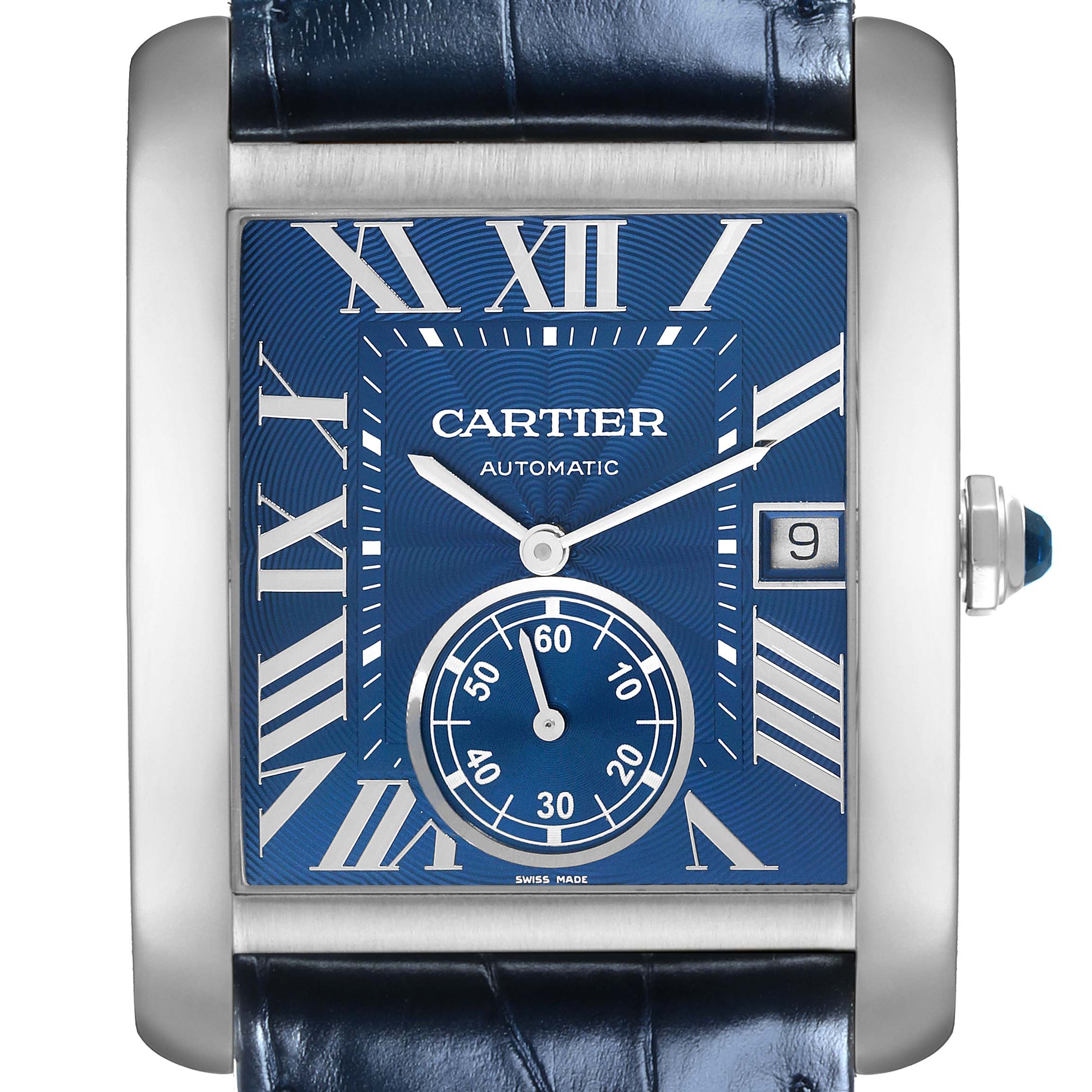The Cartier Tank MC WSTA0010 Men's Stainless Steel Blue Dial WSTA0010 Men's Stainless Steel Blue Dial watch is shown from the front, displaying its face, hands, date window, and crown.