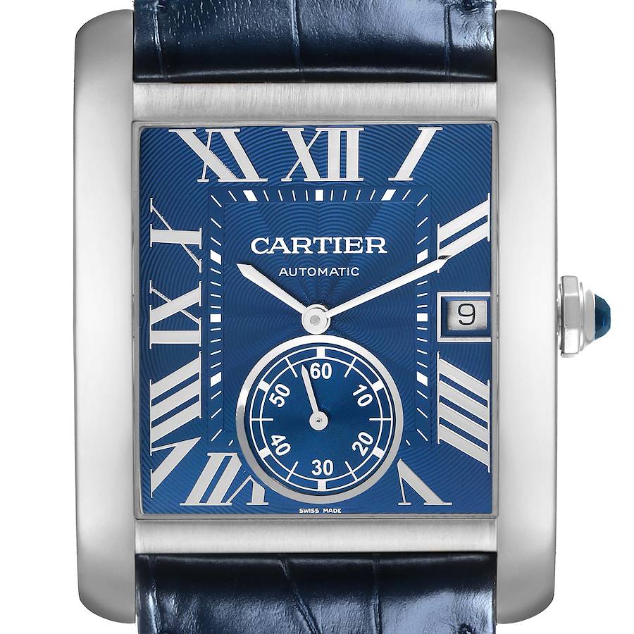 The Cartier Tank MC watch is shown from the front, displaying its face, hands, date window, and crown.