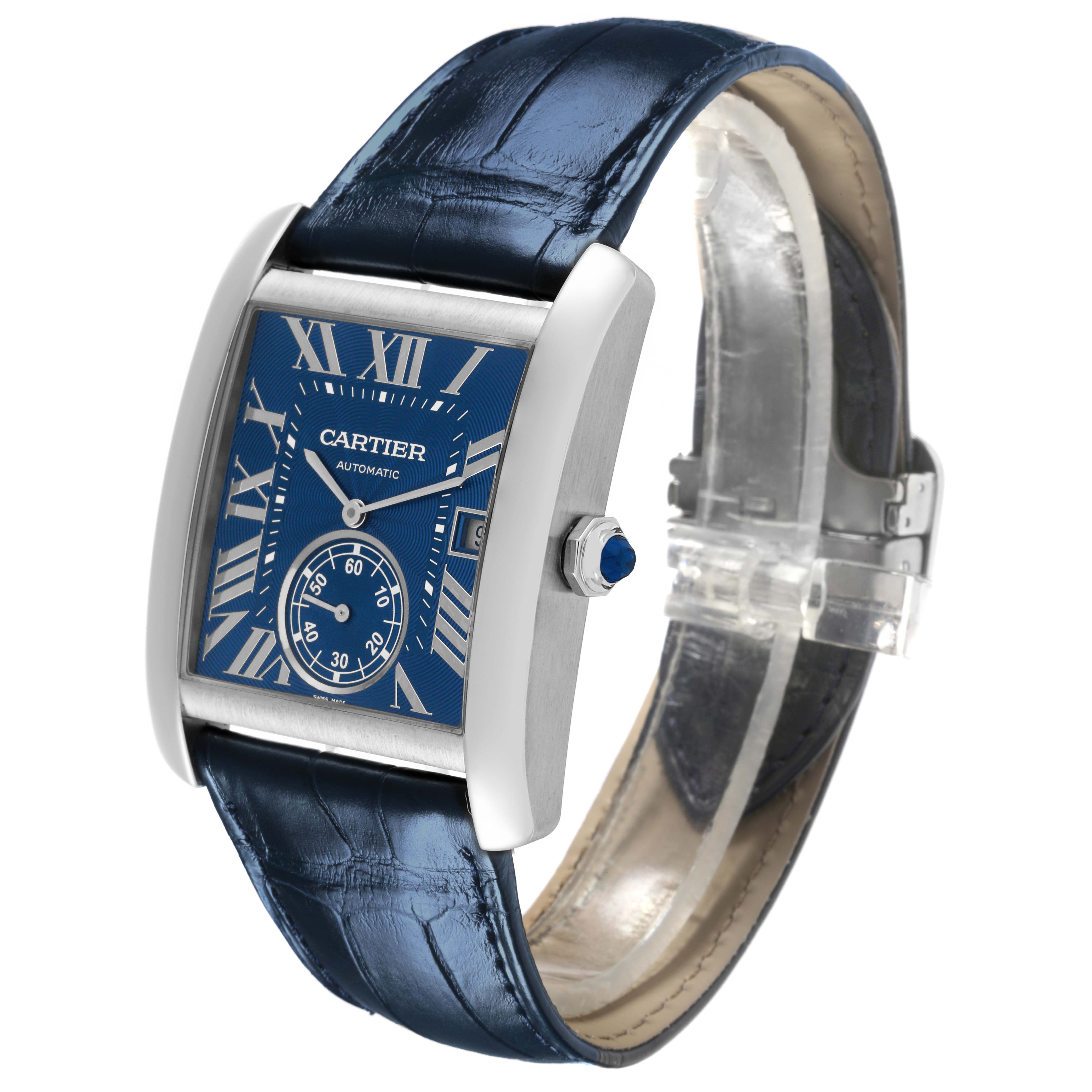 The Cartier Tank MC WSTA0010 Men's Stainless Steel Blue Dial WSTA0010 Men's Stainless Steel Blue Dial watch is shown at a slight angle, highlighting the face, case, and blue leather strap.